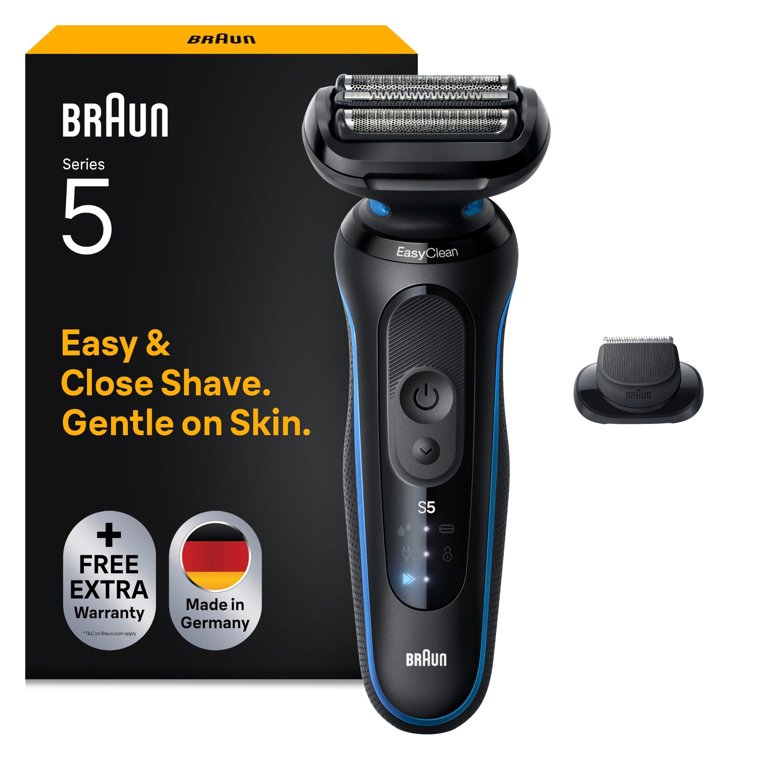 Braun Serie 5 Rasoio Elettrico Barba, 1 Accessorio, 52-B1200si, Blu | Regolabarba Uomo, 1 Accessorio, Rifinitore di Precisione, Rasoio Barba Impermeabile, Ricaricabile, 50 Min di Utilizzo