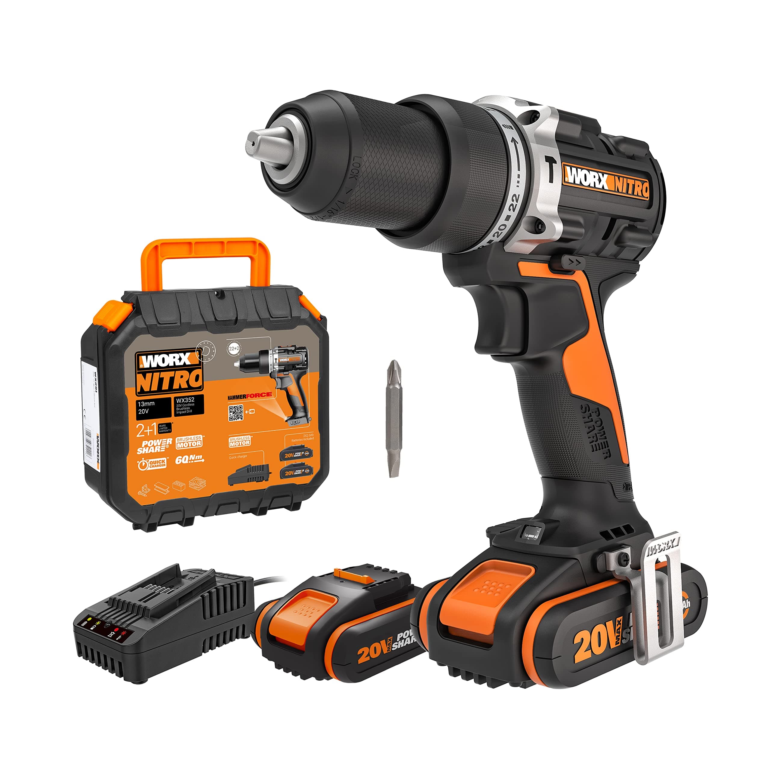 WORX Taladro Percutor a batería 20V Máx | WX352 | Motor sin escobillas | Power Share | 2 baterías de 2Ah | Cargador y maletín | Portabrocas metálico, carcasa de engranajes metálica |