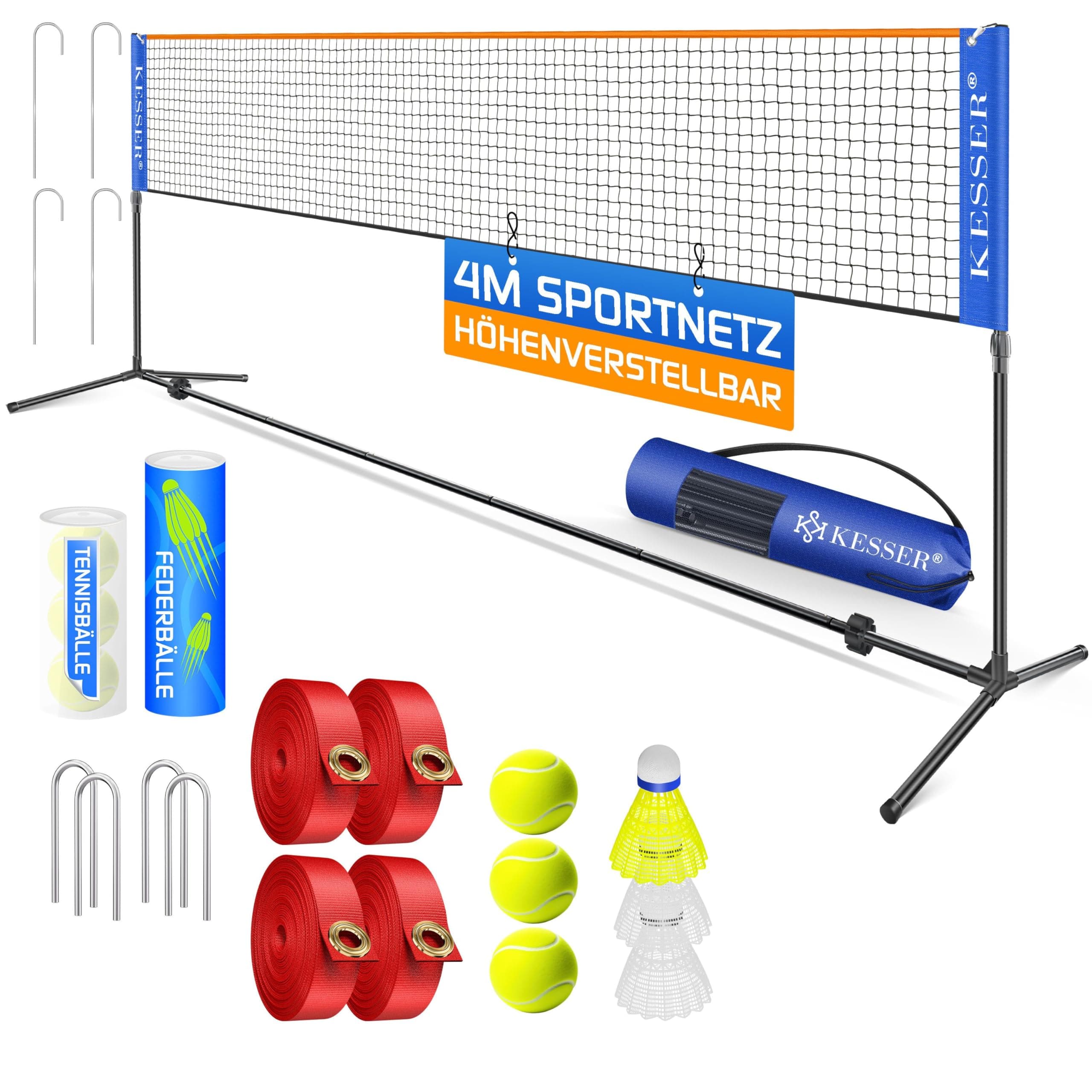 KESSER® Badmintonnetz Tennisnetz | Federballnetz 3-Fach-Höhenverstellbar 107/120/155cm, Set bestehend aus Netz, 3X Federball & 3X Tennisball, Transporttasche, stabilem Eisen-Gestell, Indoor & Outdoor