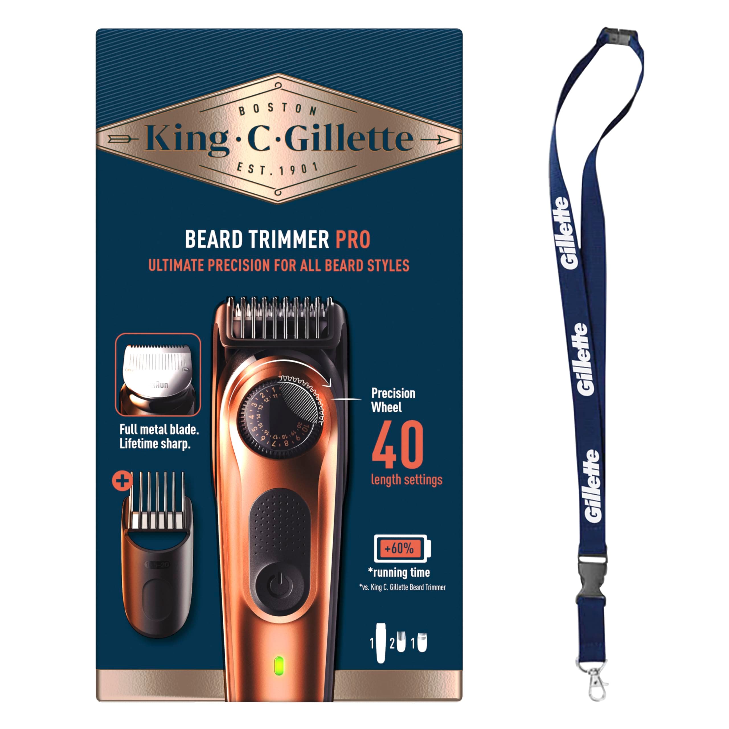King C. Gillette Rasoio Elettrico Barba PRO, Selettore Di Precisione, Cura Barba Uomo, 40 Impostazioni Di Lunghezza, Lame Rasoio Affilate, Pettini Regolatori, Testine Lavabili, Idea Regalo Uomo