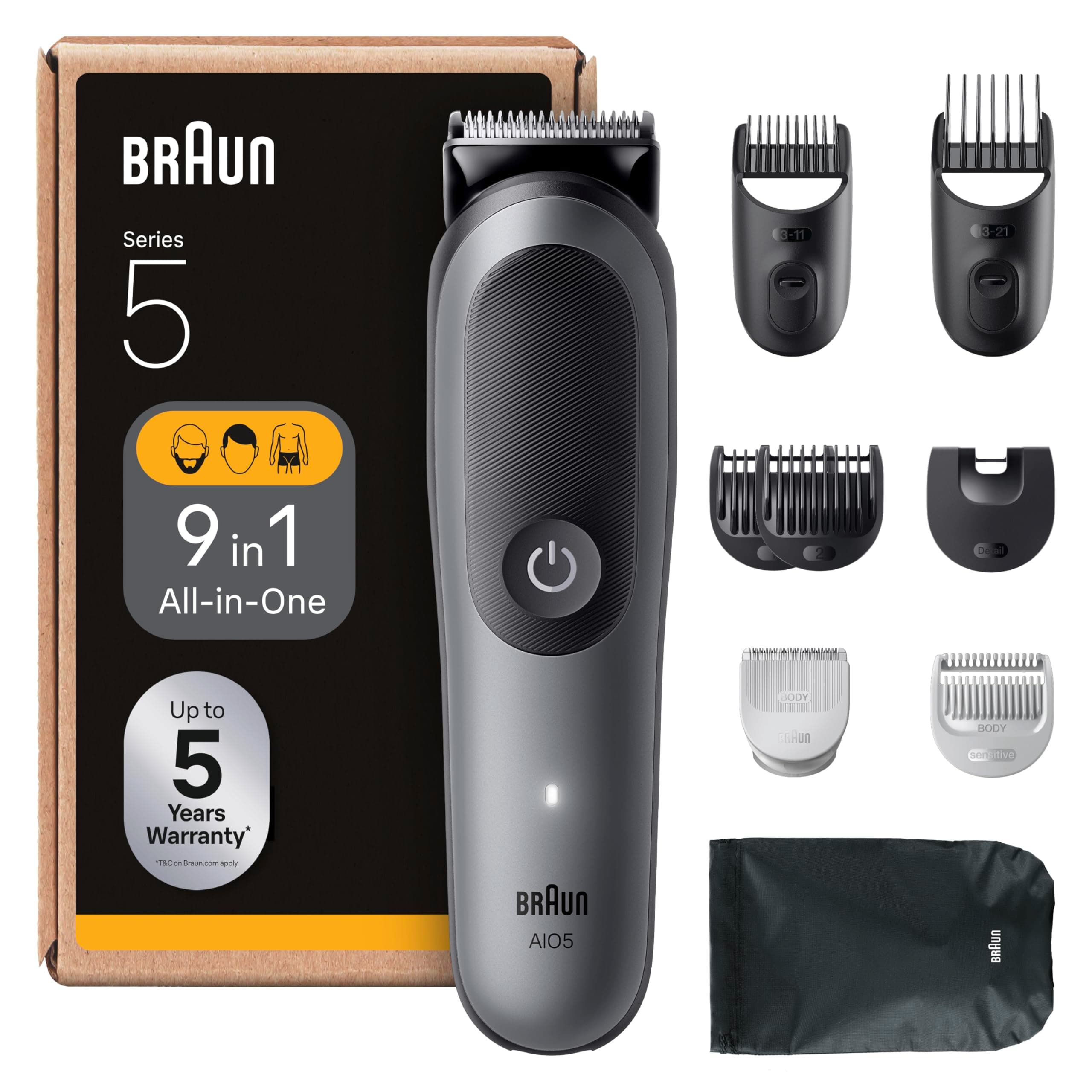 Braun Rifinitore All-in-One Series 5, Rasoio Elettrico Corpo Uomo, Barba e Capelli 9in1 con Lama Ultra Affilata, Regolabarba, Tecnologia Skinguard per Il Corpo, 120 Min di Autonomia, Aio5545, Grigio