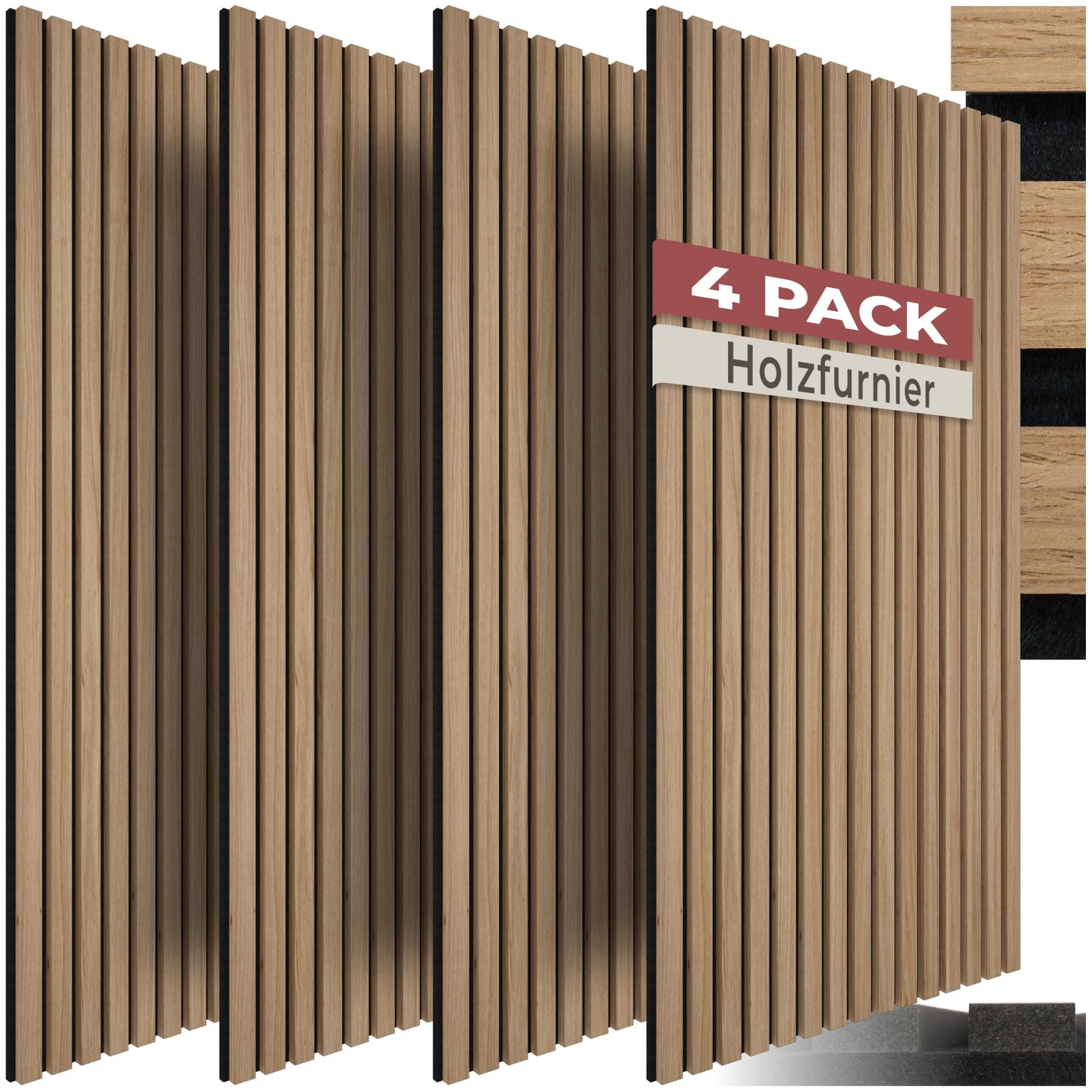 tectake® 3D Akustikpaneele 120 x 60 x 2,1 cm, Holz Optik Paneele, Wandpaneele in Holzoptik als Schallabsorber, Panels für Wohnzimmer, Küche, Wandverkleidung, Schallschutz - Eiche, 4er Set