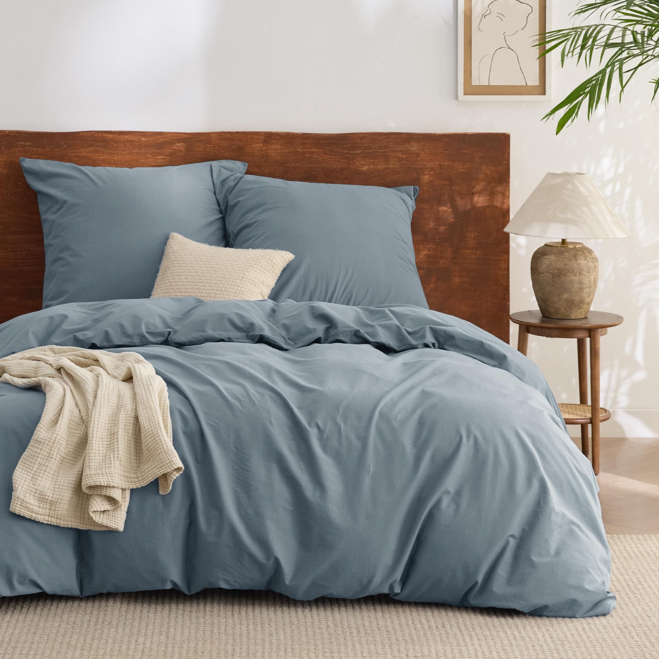 BEDSURE Bettwäsche 200x220 Baumwolle 3teilig - Bettwäsche-Sets Graublau Bettbezug mit 2 Kissenbezüge 80x80 cm, Ähnliche Textur wie Washed Leinen, Oeko-TEX Bedding Blau mit Reißverschluss