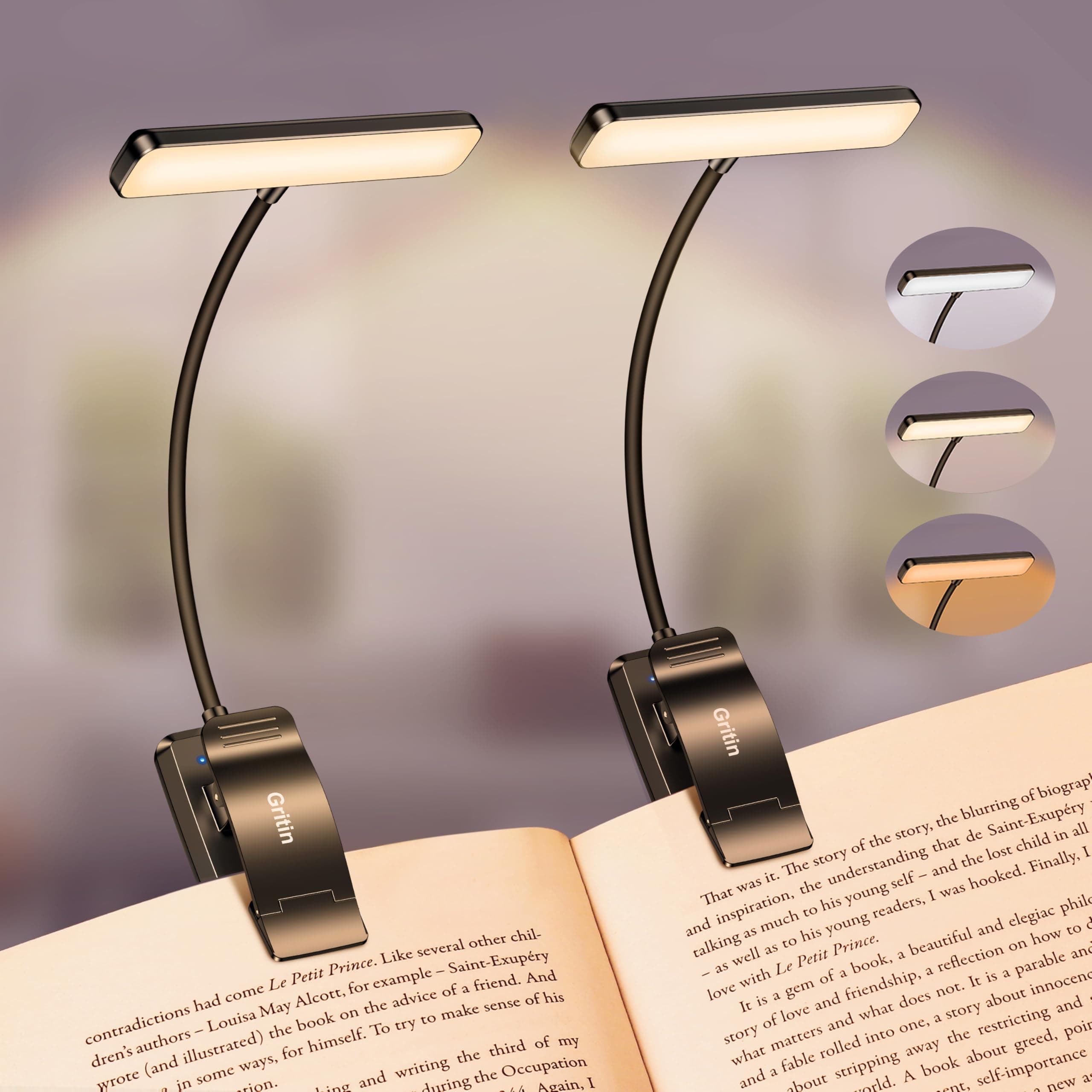 Gritin 19 LED Lampada Luce da Lettura per Libro, 2 Pezzi Luce per Lettura Libri a Letto con Clip Ricaricabile, 3 Temperature di Colore, Dimmerabile Senza Livelli, Lunga Durata, per Studio