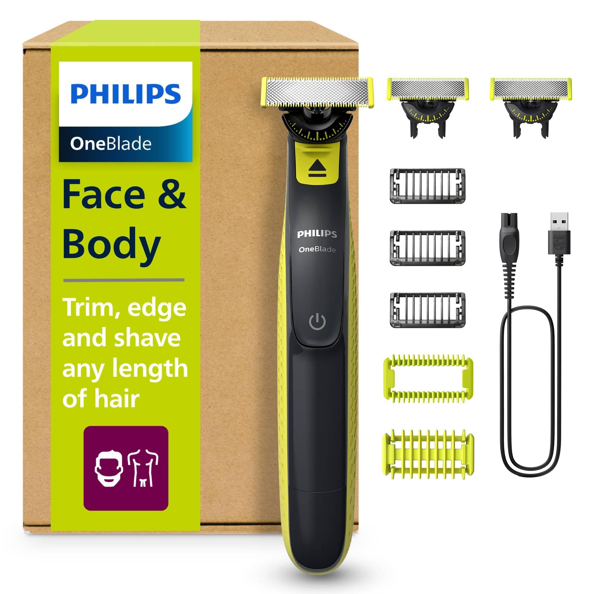 Philips OneBlade 360 Auténtico Barbero, afeitadora y recortadora eléctrica facial y corporal, 3x 360 cuchillas, 3x peine para barba incipiente (1,3,5mm), 1x kit corporal, QP2824/31