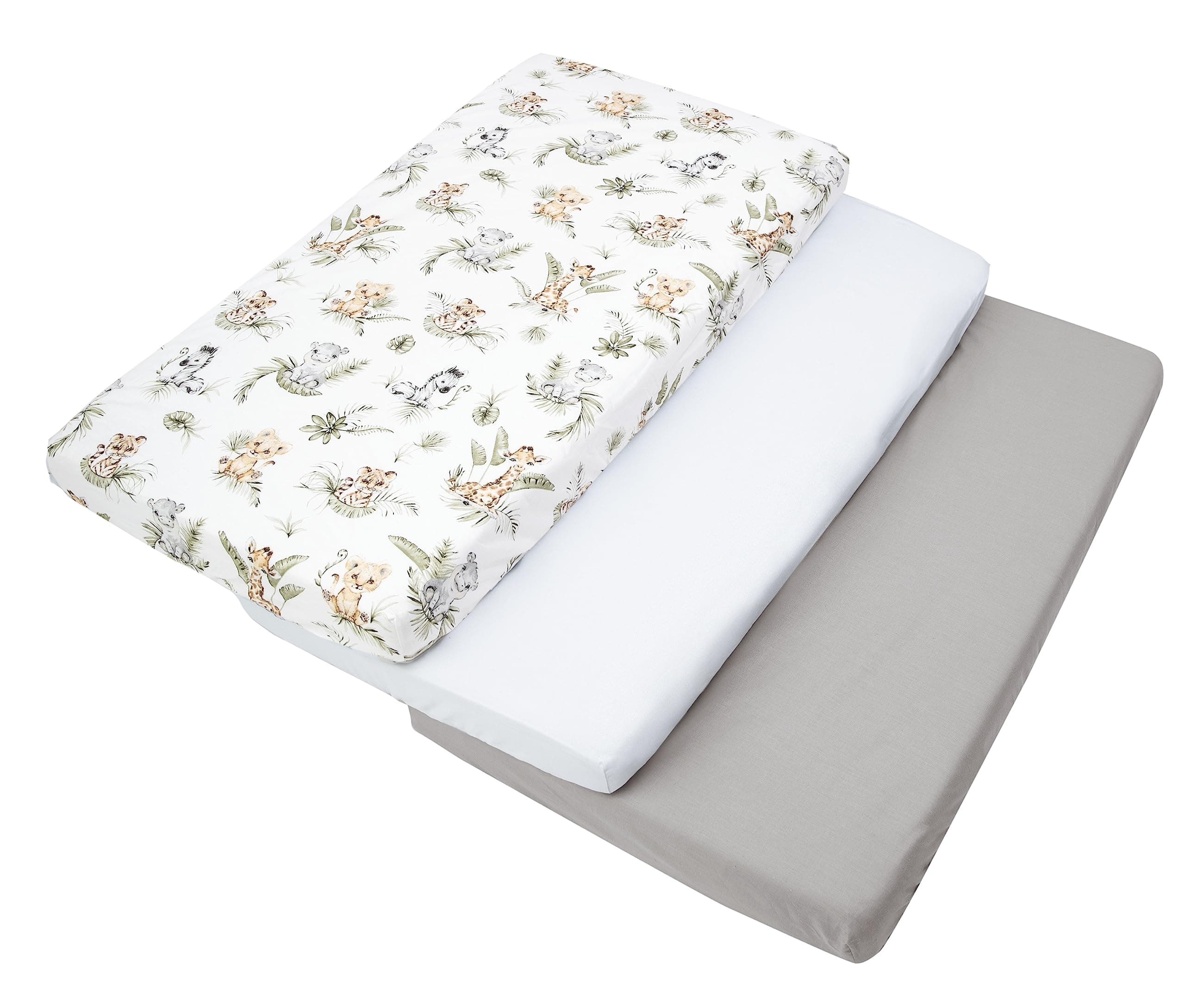 Medi Partners Drap Housse 60x120 Lot de 3 Draps lit Bebe Matelas Enfant Bébé - 100% Coton Fitted Draps Lit pour Baby Bed Cover Sheets Matela literie Mattress Couette (Safari-Blanc-Gris)