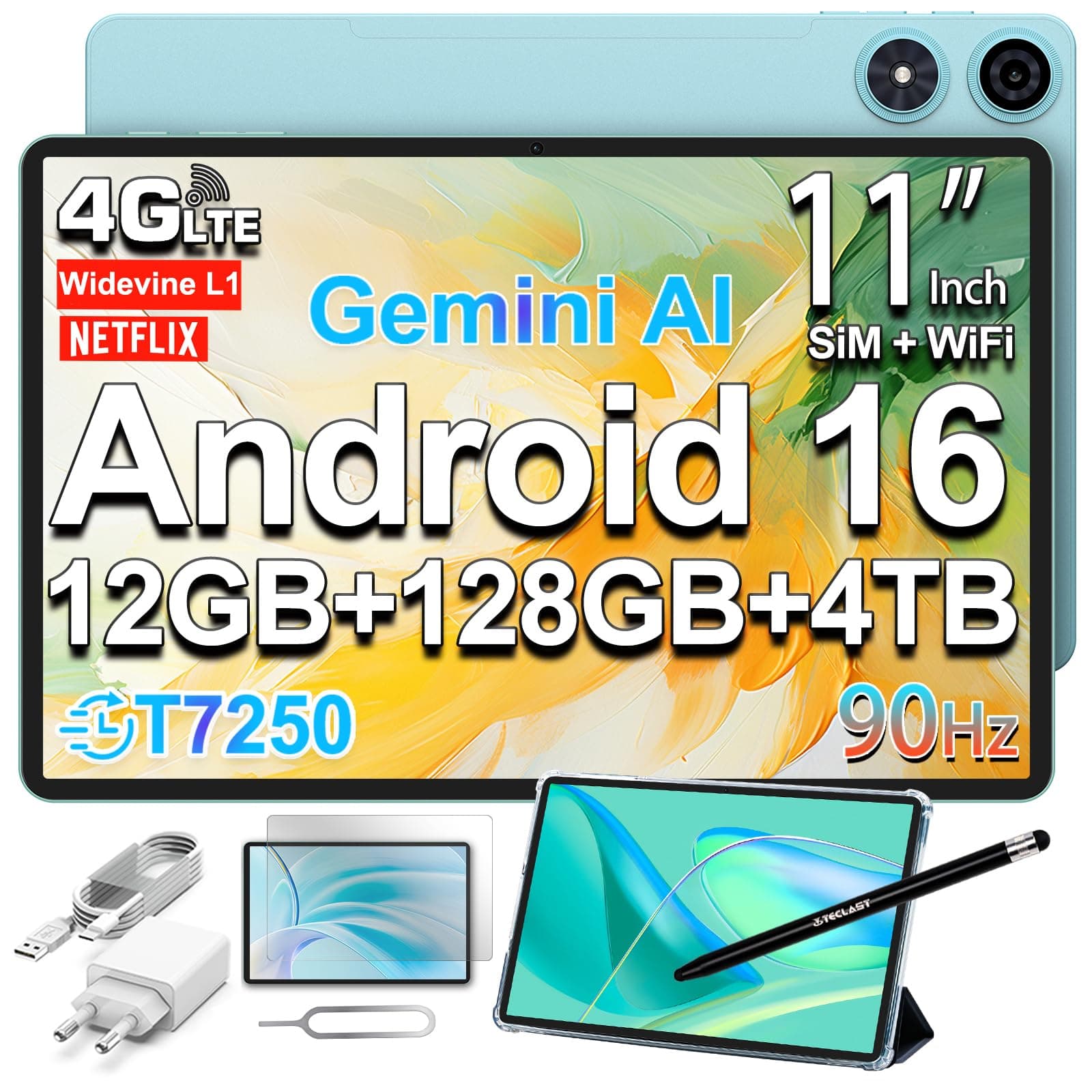 TECLAST P50 Tablette 11 Pouces Android 16 Gemini AI, Écran 90Hz, 2GHz Octa Core T7250, Dual SIM 4G LTE+5G WiFi, Tablette Tactile avec étui + Stylet, 12Go RAM+128Go ROM(TF 5To), Widevine L1/7000mAh/GPS