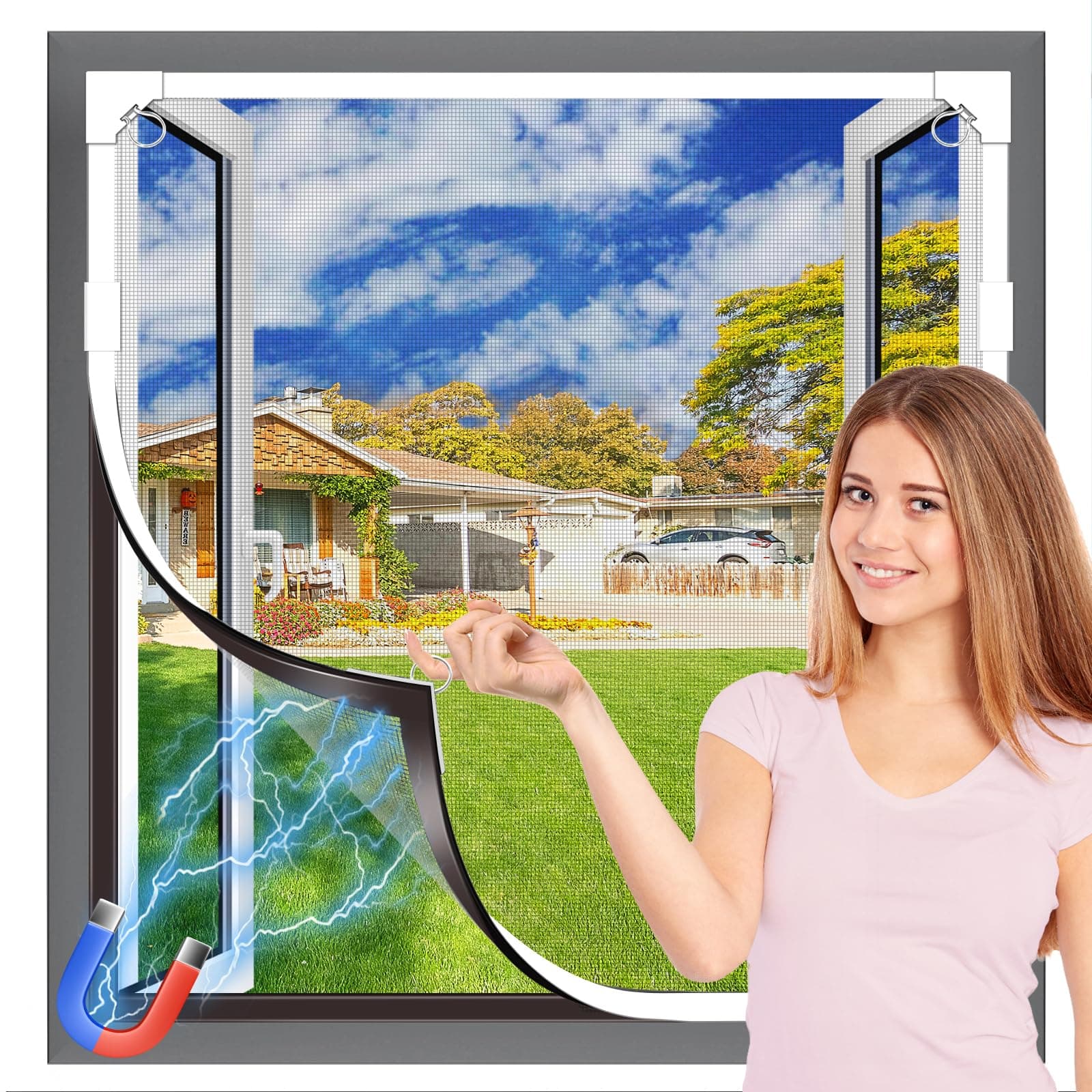 OWYR Mosquitera Magnética para Ventanas Fibra de Vidrio Duradera, Autoadhesiva, Tamaño Ajustable DIY, Instalación sin Taladrar 150×180 cm, Marco Blanco y Malla Gris