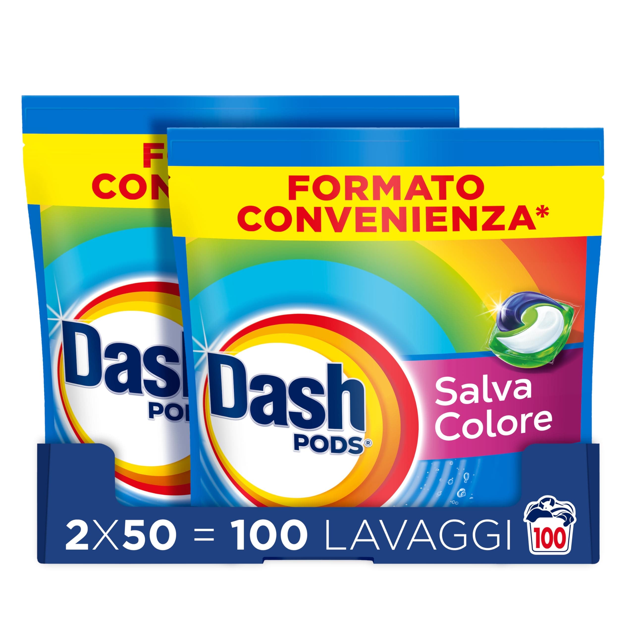 Dash Pods Detersivo Lavatrice In Capsule, 100 Lavaggi (2x50), Salva Colore, Rimuove Le Macchie, Igienizza, Brillantezza Per I Capi