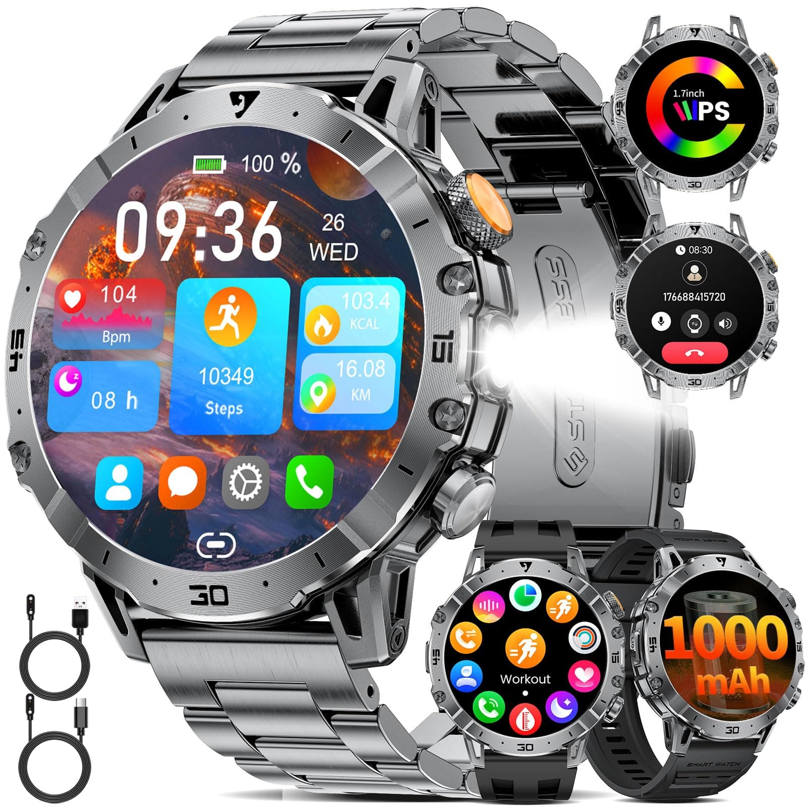 1000mAh Batería Reloj Inteligente Hombre, 1.7'' Smartwatch Hombres con Llamadas Bluetooth,Militar LED Linterna,100+ Modos Deportivos,Reloj de Fitness, Pulsómetro,Monitor de Sueño,IP68 para Android iOS