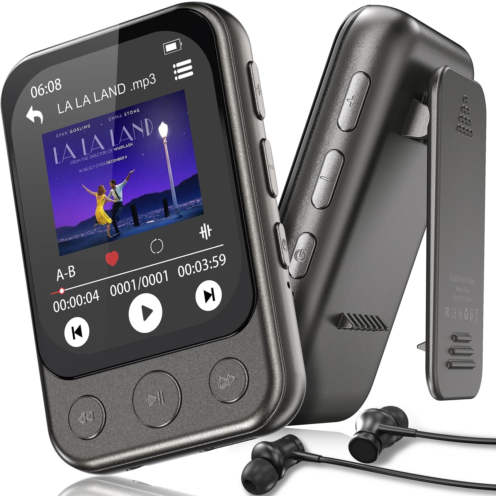 64GB Lecteur MP3 Bluetooth 5.3 avec Clip & Haut-Parleur, Lecteur de Musique Sport avec Écran Tactile et Boutons, Contrôle de Volume Indépendant, Radio FM, Extensible jusqu'à 128GB
