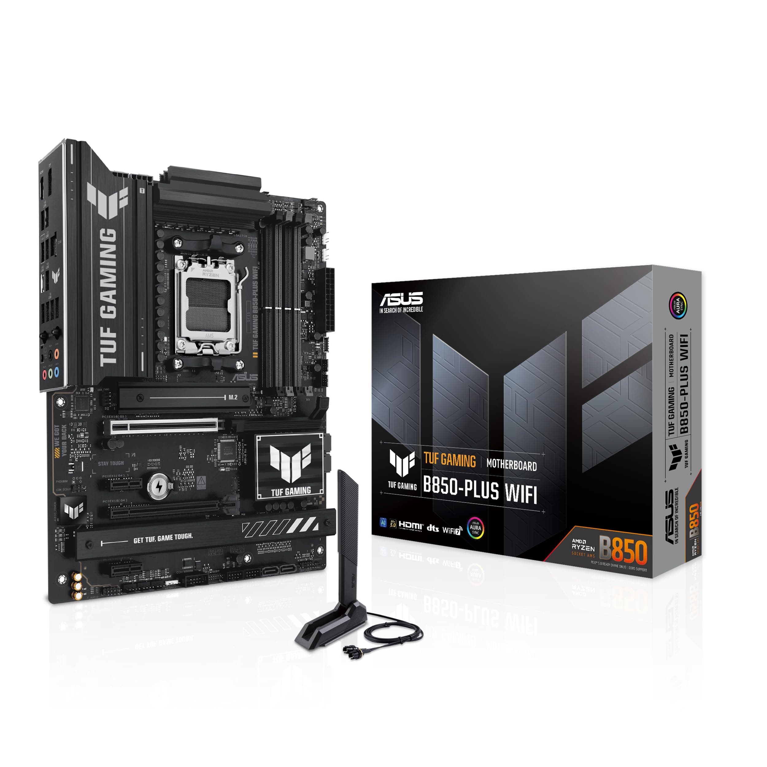 ASUS TUF GAMING B850-PLUS WIFI - Placa base AMD ATX, 14+2+1 etapas de potencia DrMOS 80A, DDR5, PCIe 5.0, 3 ranuras M.2, WiFi 7, Realtek 2.5Gb Ethernet, DisplayPort, HDMI, USB 20Gbps Tipo-C, Aura Sync
