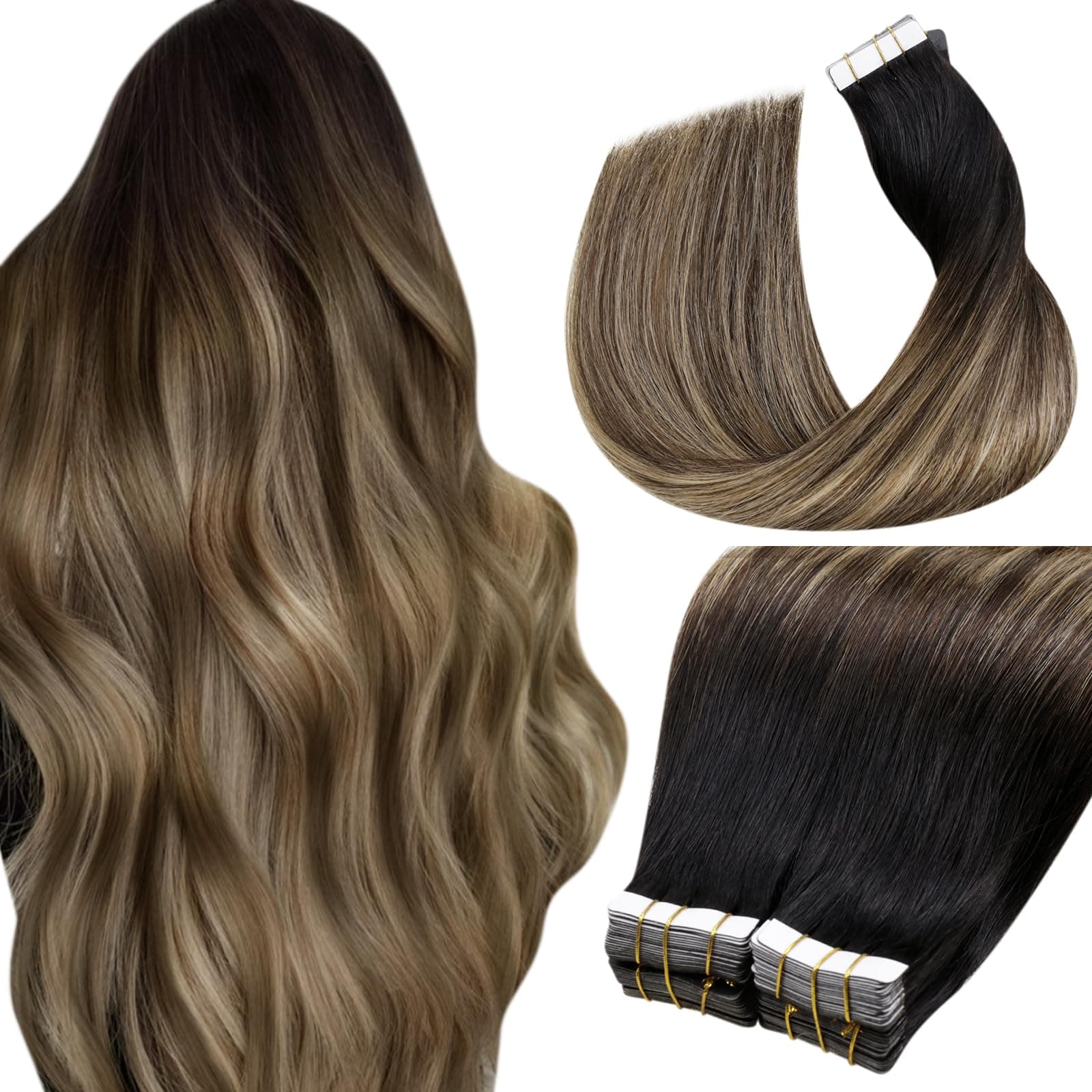 LaaVoo Extension Capelli Veri Biadesivo 40pz Nero Naturale a Marrone Cioccolato con Biondo Caramello Balayage Extension Biadesive Capelli Veri 50cm 100g #1b/4/27