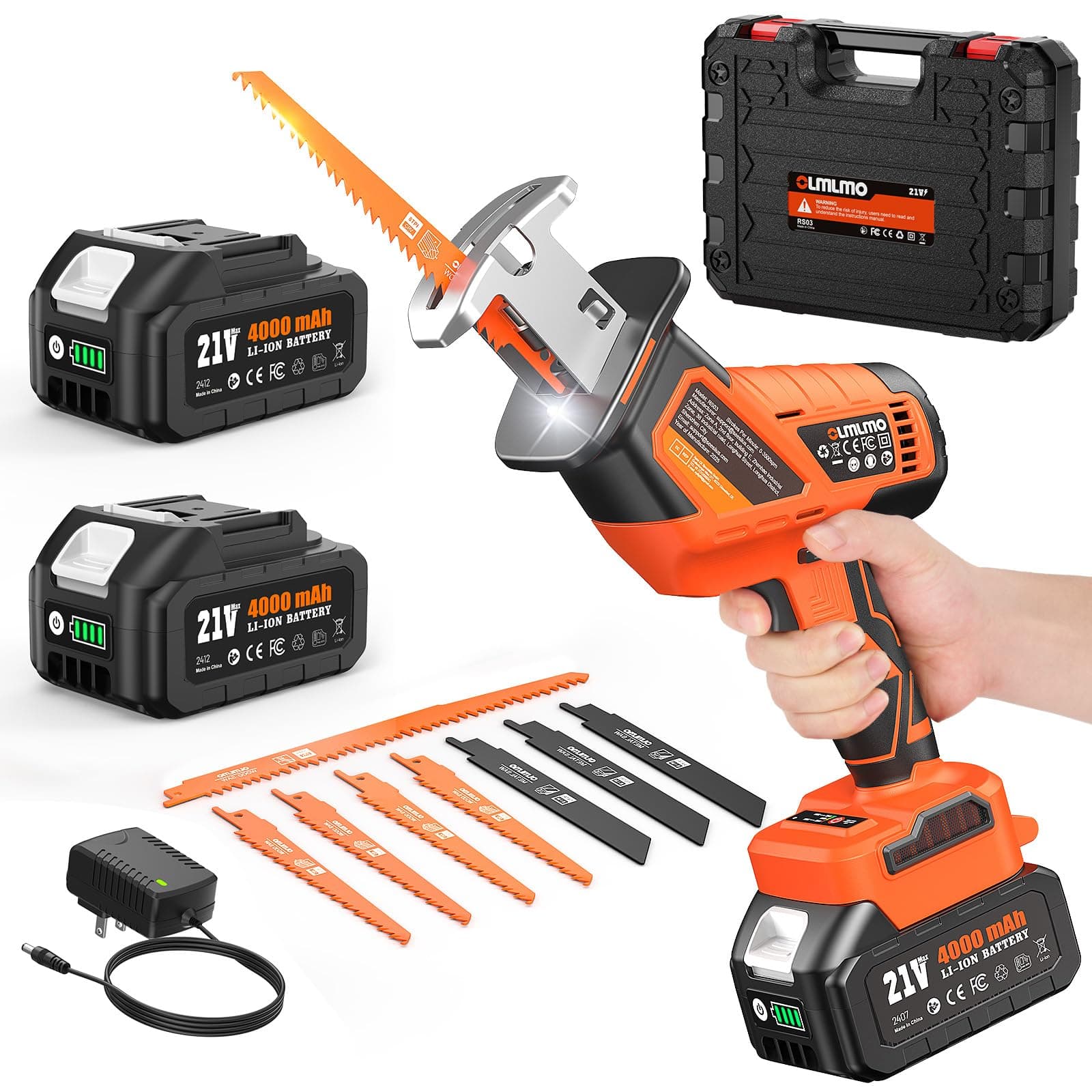 Scie Sabre sans fil 21V, Scie Sabre à Batterie avec 2 batteries de 4,0 Ah, 0-3200 spm, 8 lames de scie, changement de lame sans outil, scie sabre pour coupe du bois et du métal