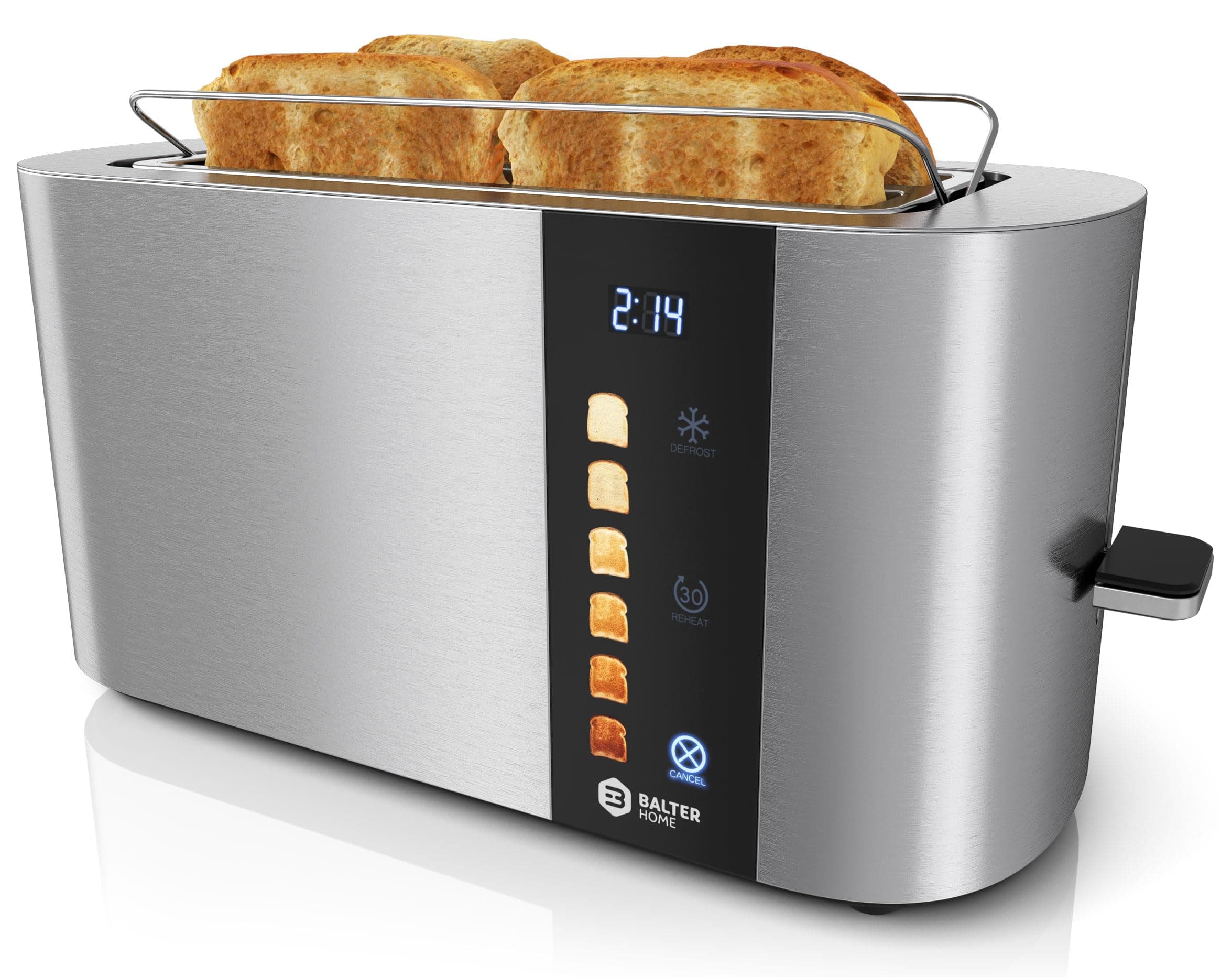 Balter Toaster 4 Scheiben, Touch Bedienung, Langschlitz, Edelstahl, Brötchenaufsatz, LCD Display Langschlitztoaster, Auftaufunktion, Brotzentrierung, TS-34