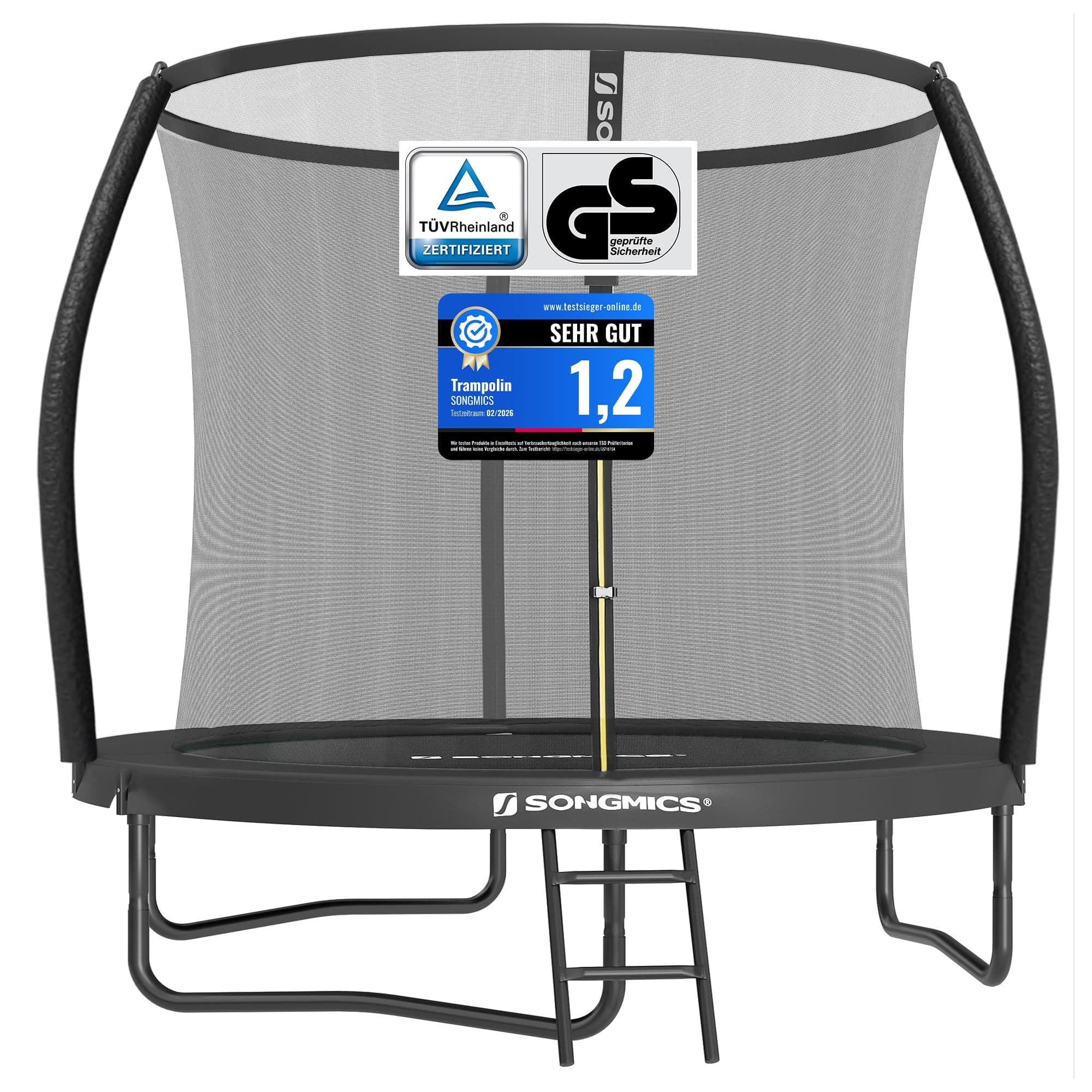SONGMICS Trampolin Outdoor Ø 244/305/366/427 cm, rundes Gartentrampolin Kindertrampolin mit Sicherheitsnetz, Randabdeckung, Leiter und gepolsterten Stangen
