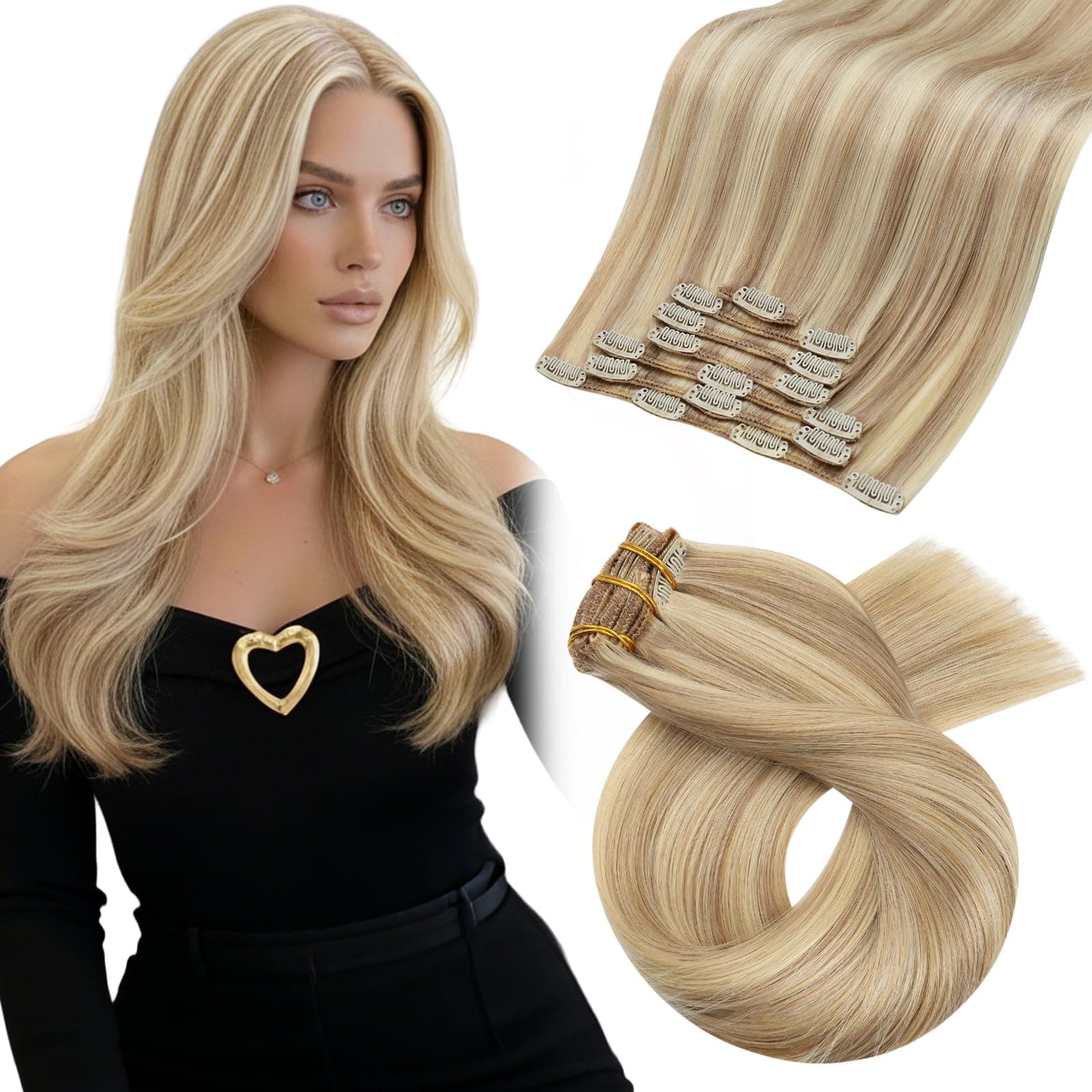 Moresoo Extension Cheveux Naturel Clip Blond Doré et Blond Moyen Invisible Extension a Clip Cheveux Naturel Remy Lisse #P16/22 55 cm 7 Pièces 120g