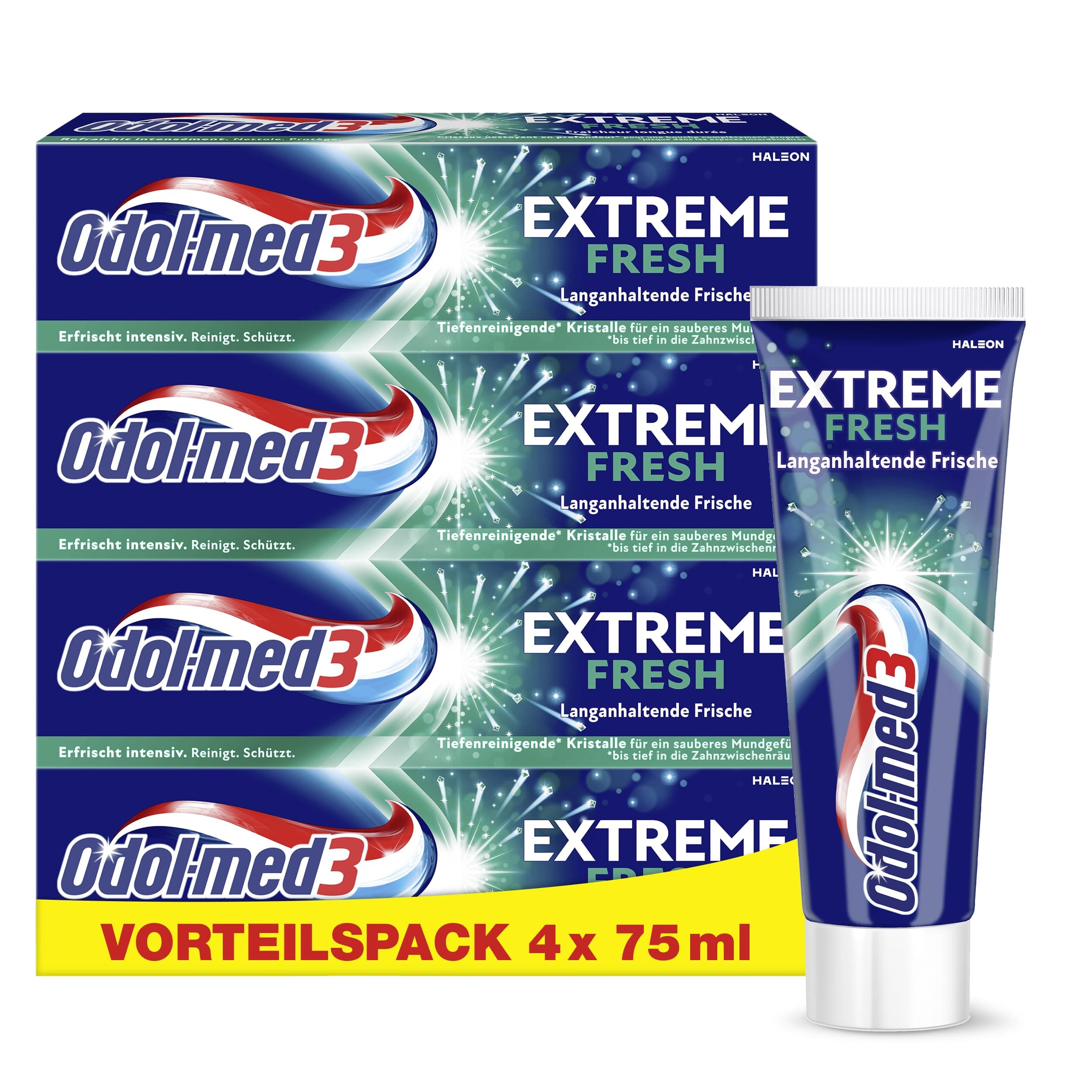Odol-med3 Zahnpasta Extreme Fresh, starke Frische, Atemschutz, Kariesprophylaxe, tägliche Zahncreme, weißere Zähne, 75 ml