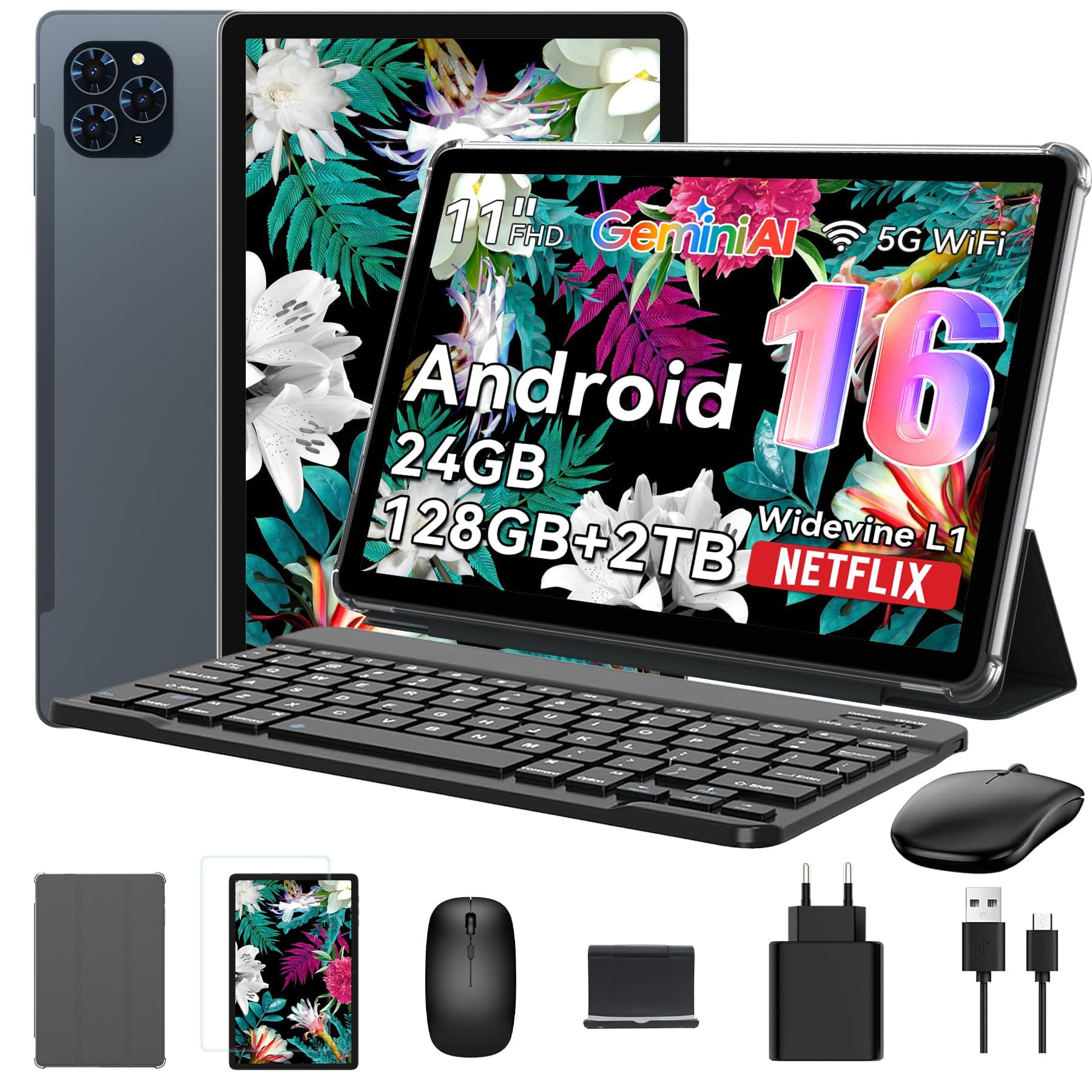 TABWEE T90 Tablet 11 Pollici Android 16 con Tastiera e Penna, Gemini AI, 24GB RAM + 128GB ROM (TF 2TB), Display FHD, Batteria 8000mAh, Widevine L1, Dual WiFi 5G, GPS, Face ID - Grigio