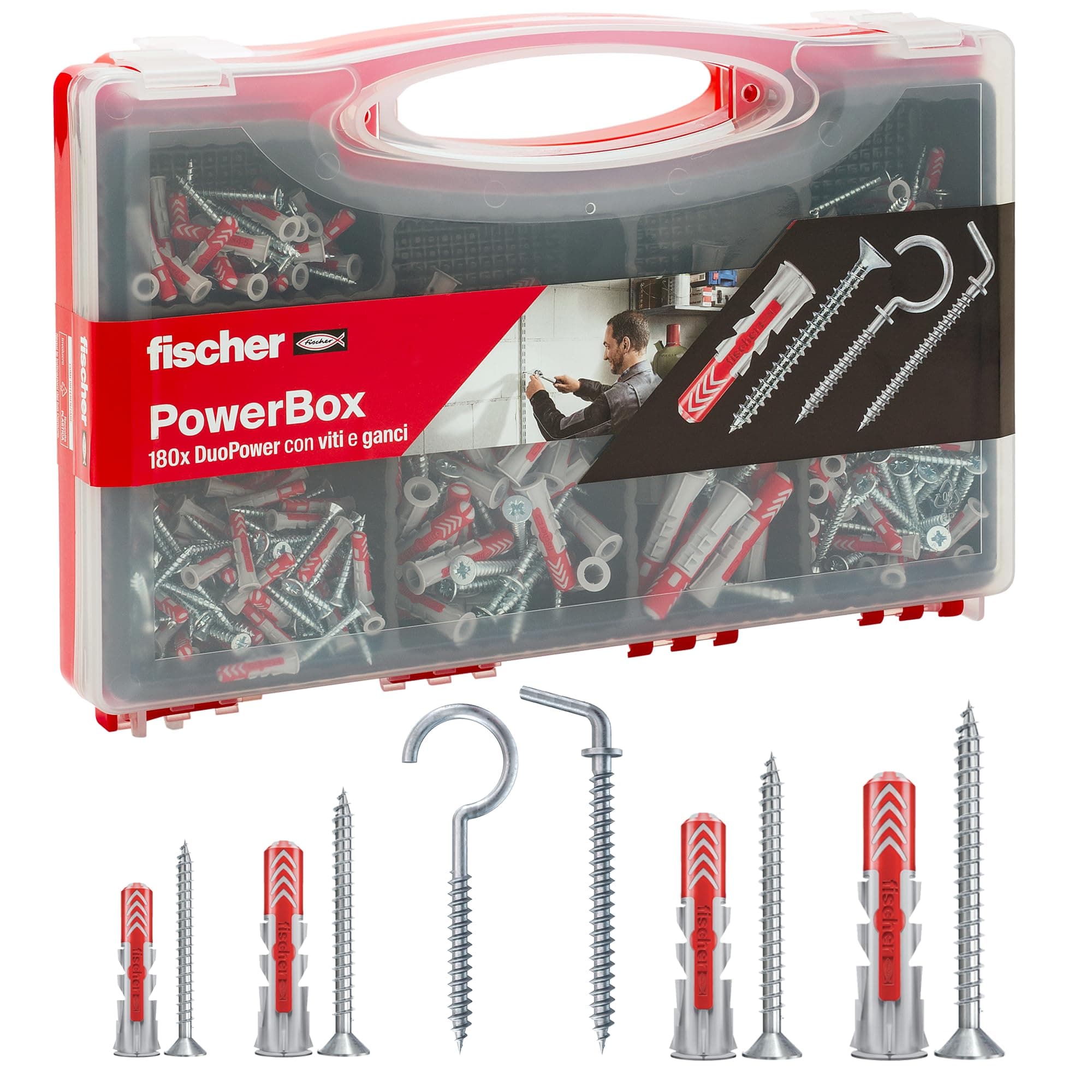 Fischer PowerBox 564282 Lot de 180 chevilles DuoPower avec vis et crochets pour mur plein, perforé et cloison sèche, 360 pièces au total,