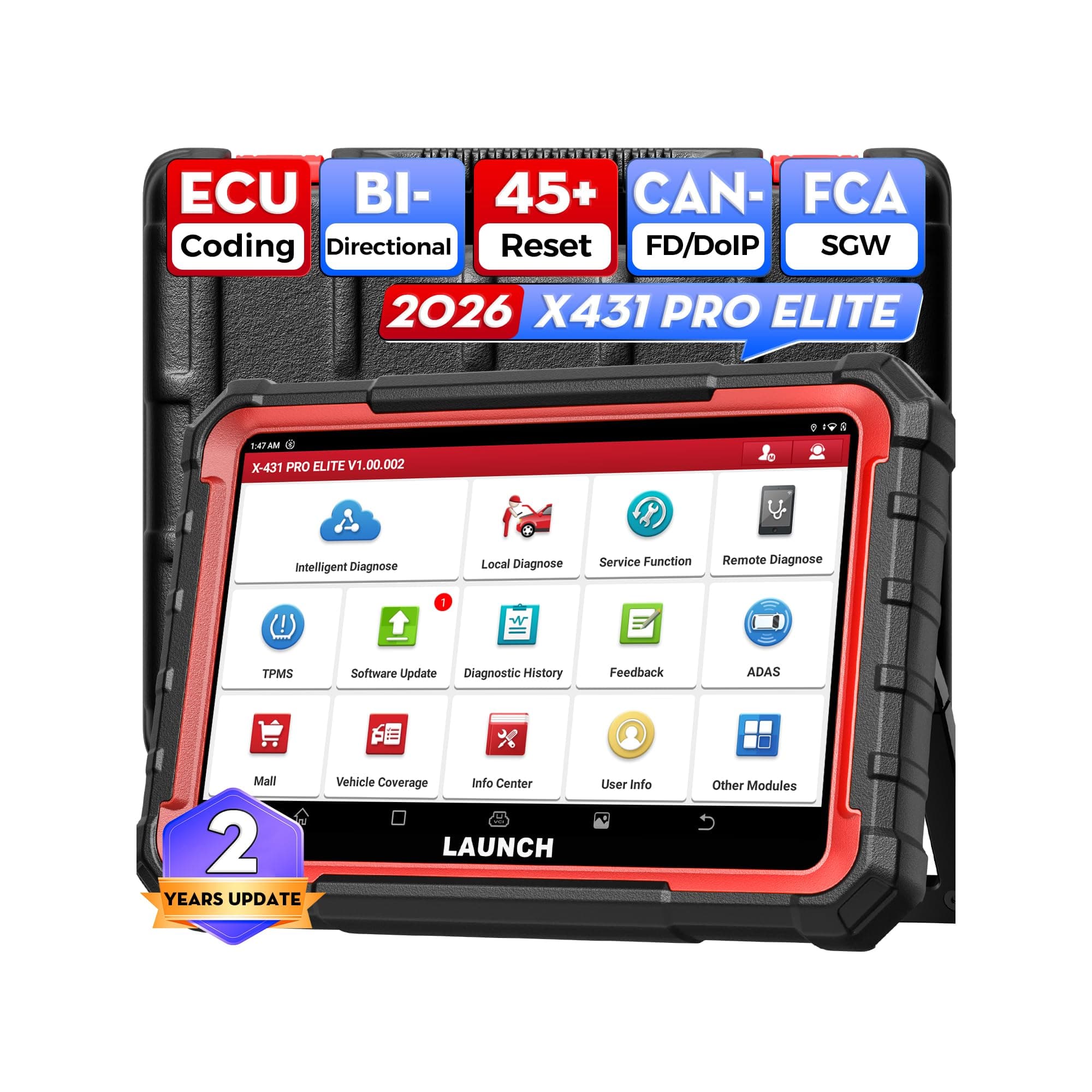 LAUNCH X431 Pro Elite Valise Diagnostic Auto Multimarque Diagnostic-Voiture,Codage Ligne ECU&Bidirectionnel,Diagnostic Complet Système,45+Fonctions Service,CANFD&DOIP,Extension Fonction Licence SGW