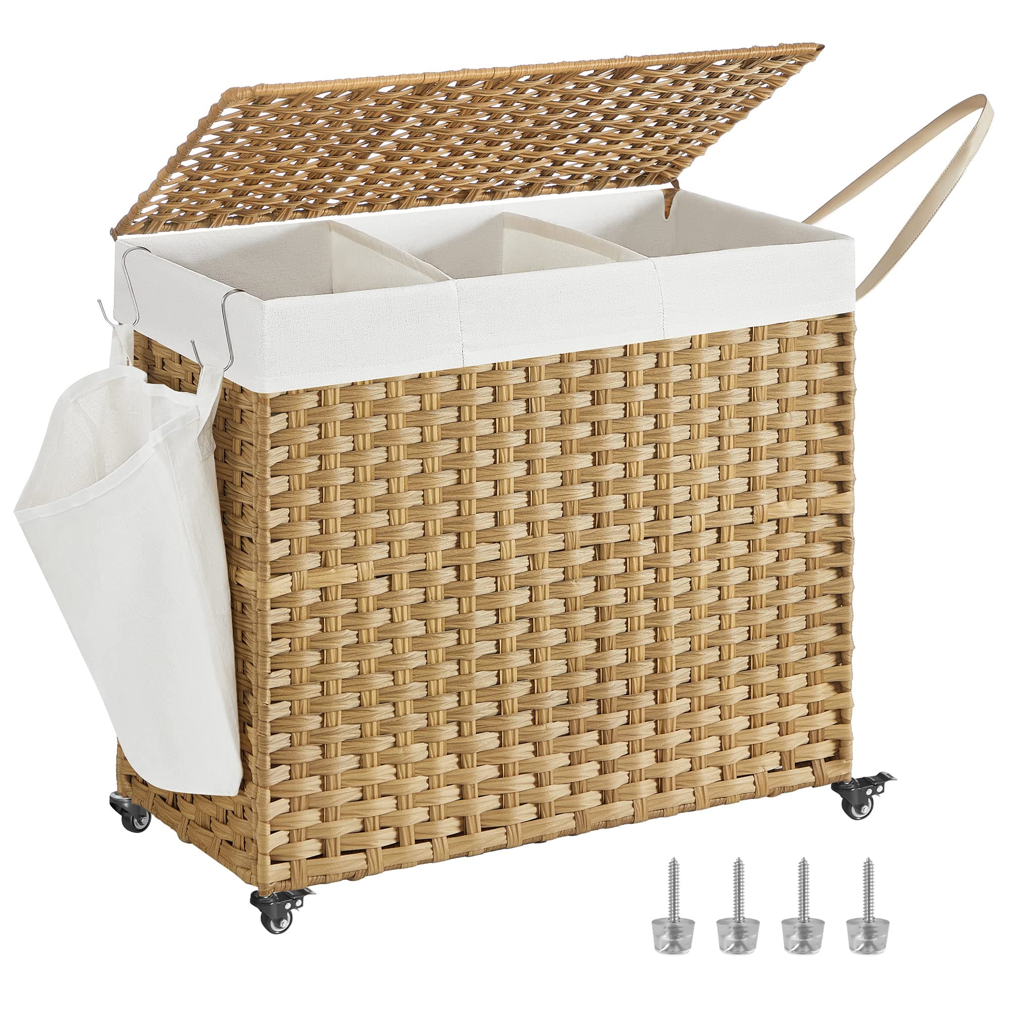 SONGMICS Cesto Ropa Sucia con Tapa, 160 L, Cesta Colada Estilo Ratán con Ruedas, con 3 Compartimentos, Bolsa Interior Extraíble, para Lavandería, Dormitorio, 70 x 36 x 66 cm, Natural LCB365N01