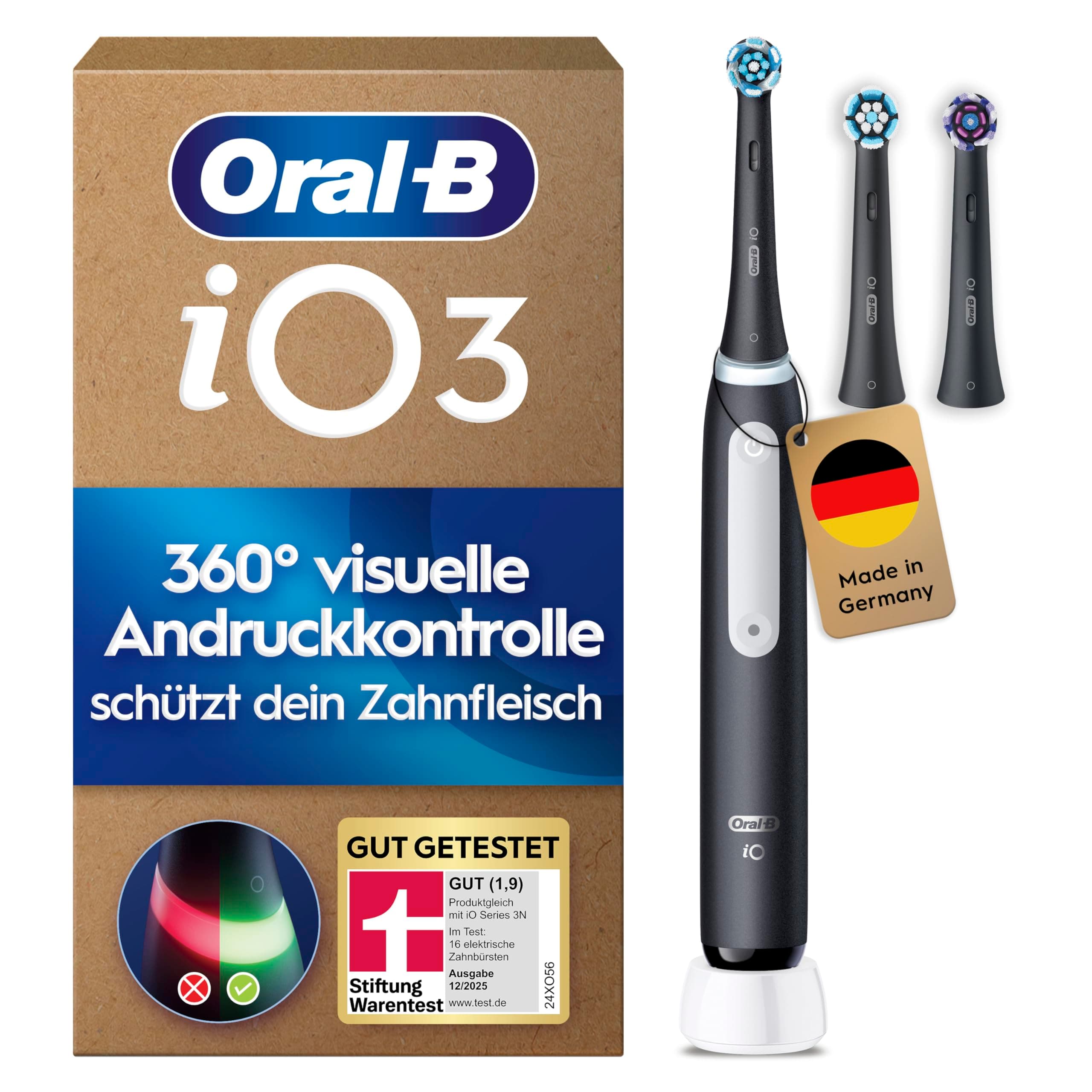 Oral-B iO Series 3 Plus Edition Elektrische Zahnbürste — Electric Toothbrush, Inkl. 3 Aufsteckbürsten, 3 Putzmodi für Zahnpflege — Designed by Braun, GUT GETESTET von STIFTUNG WARENTEST, Schwarz