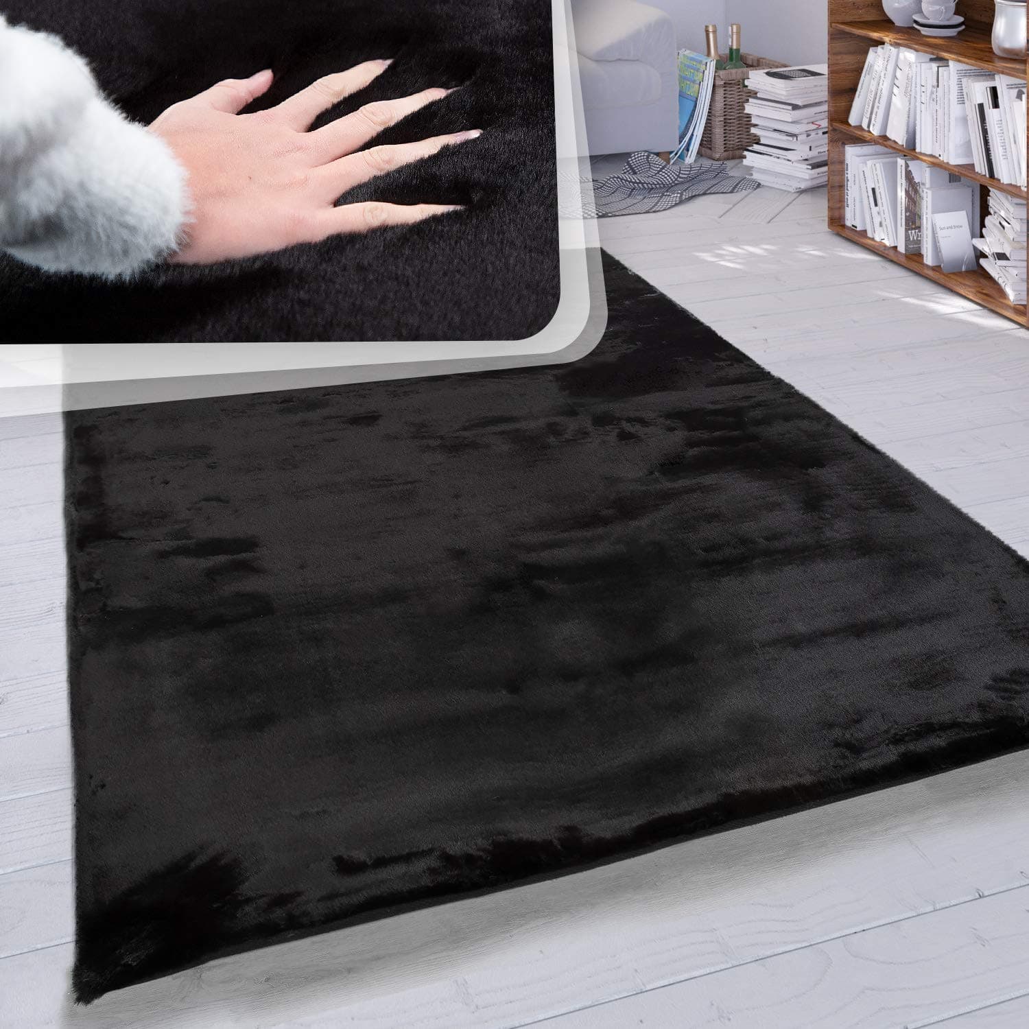 Paco Home Hochflor Teppich Wohnzimmer Schlafzimmer Shaggy Modern Flauschiger Fellteppich Weich Fell Imitat Kunstfell Einfarbig, Grösse:60x90 cm, Farbe:Schwarz