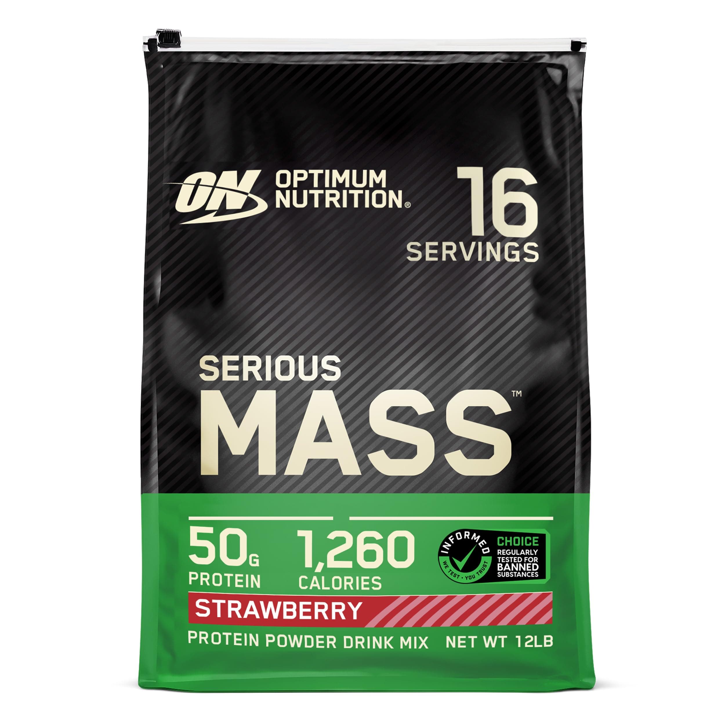 Optimum Nutrition Serious Mass hochkalorisches Proteinpulver für Masseaufbau mit 25 Vitaminen und Mineralien, Kreatin und Glutamin, Erdbeergeschmack, 16 Portionen, 5,45 kg