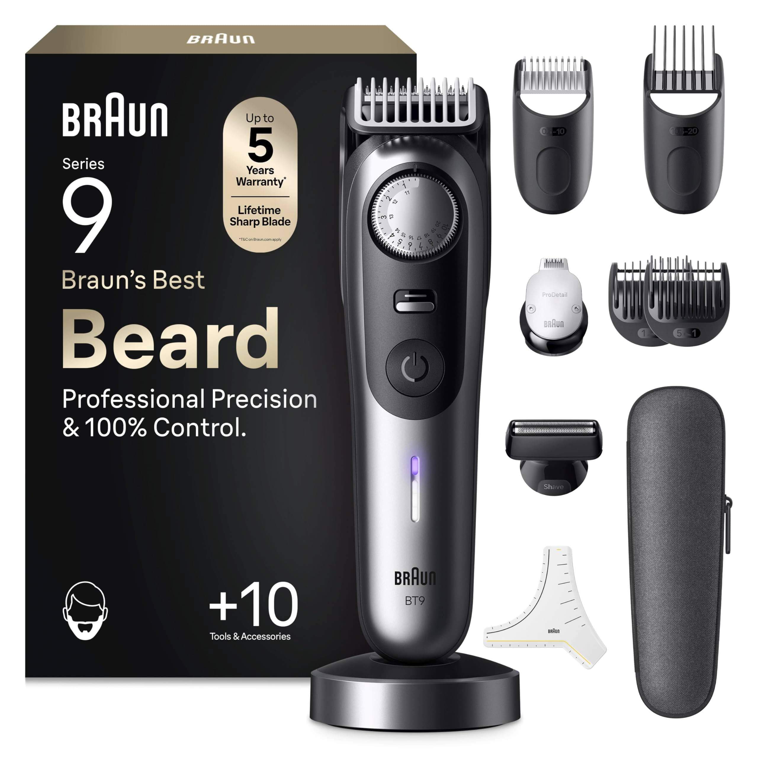 Braun Regolabarba Uomo Series 9, Rasoio Elettrico Barba Braun, +10 Strumenti Da Barbiere, Lama ProBlade Affilata A Vita, 180 Min, Selettore Di Precisione Con 52 Lunghezze, Impermeabile, BT9545, Cromo