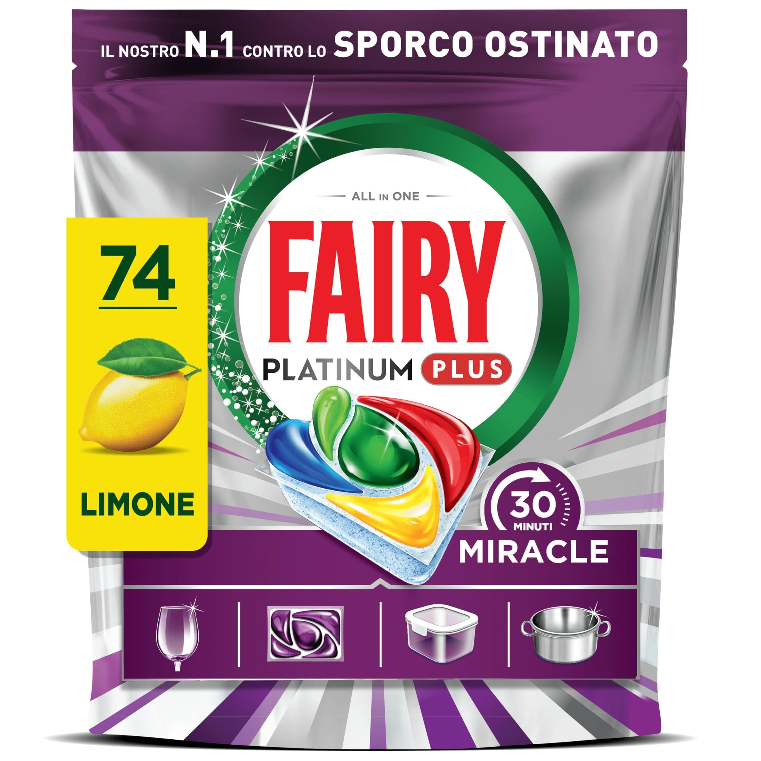 Fairy 30 Minuti Miracle Detersivo Pastiglie Lavastoviglie, 74 Capsule, Limone, Il Nostro N.1 Contro Lo Sporco Ostinato, Potente Anche Nei Cicli Brevi, MEGA Pack