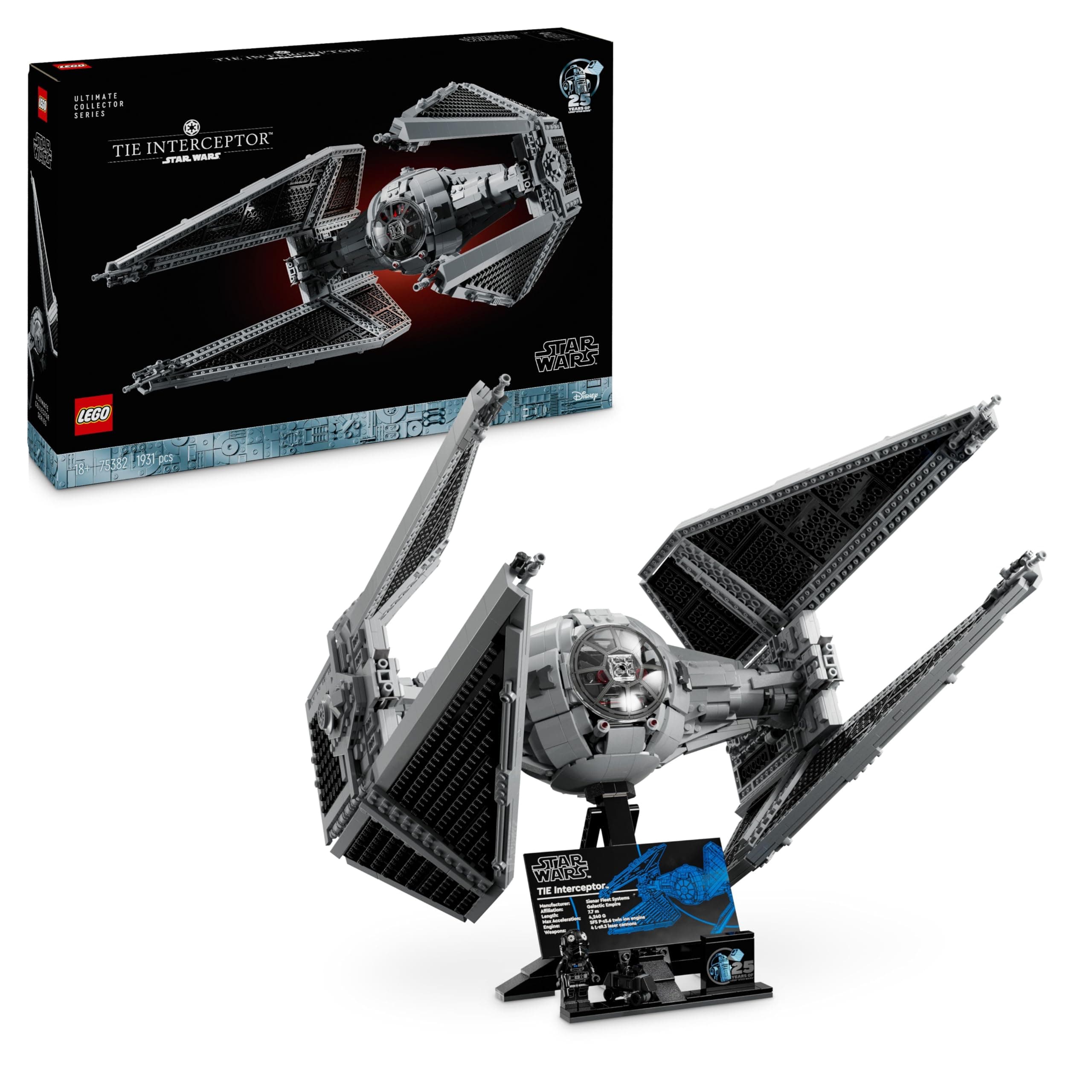 LEGO Star Wars TIE Interceptor, Modellino da Costruire di Starfighter Ultimate Collector Series con Espositore, Minifigure e Mattoncino del 25 Anniversario, Regalo per Adulti, Collezione UCS 75382
