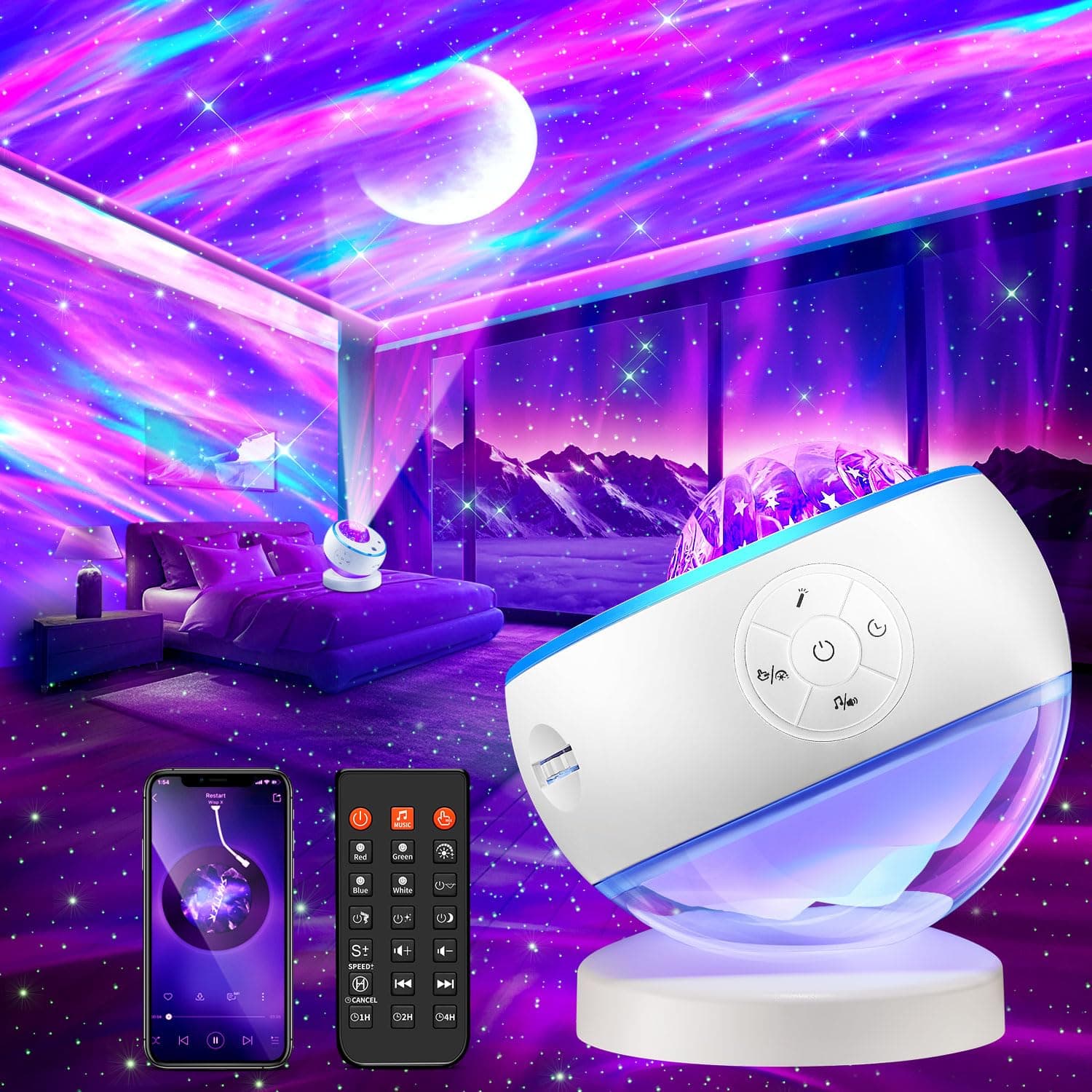 Lampada Proiettore Stelle, 180 Colori Aurora Boreale Proiettore Soffitto, Bluetooth 15 Musica LED Luce Rotante Nebulosa , Telecomando Timer 360° Galaxy Projector Per Bambini/Adulti/Regalo/Decorazioni
