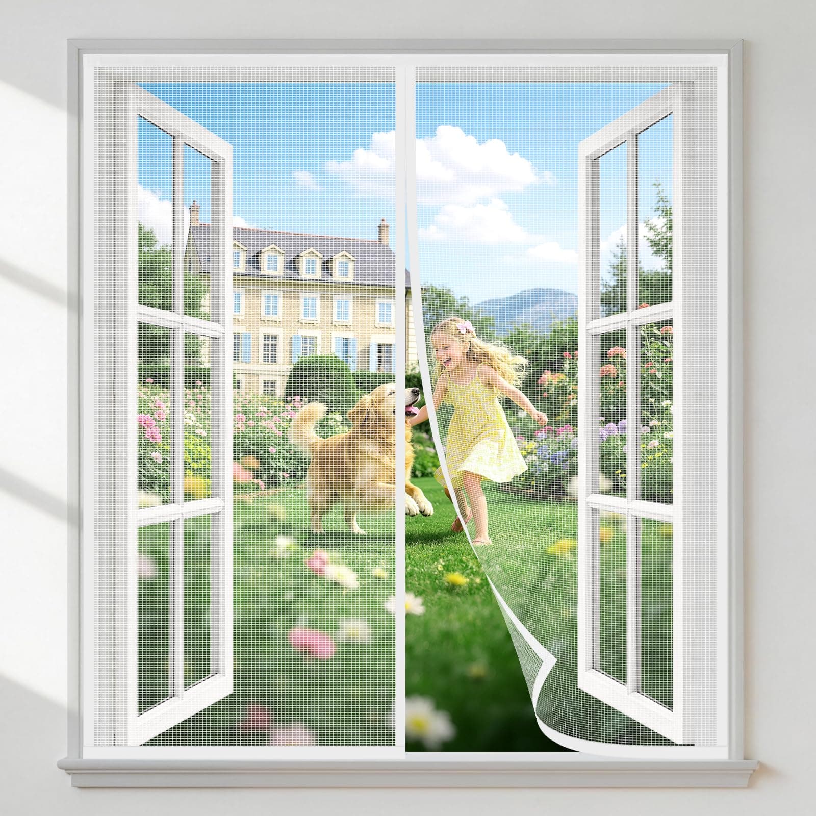 HALIDOOR Moustiquaire Fenêtre Magnétique 120x145 cm Blanc, Rideau Anti-Moustique à Ouverture Centrale Fermeture Automatique, Sans Perçage, Fixation Velcro, Idéale pour Balcon, Chambre et Salon