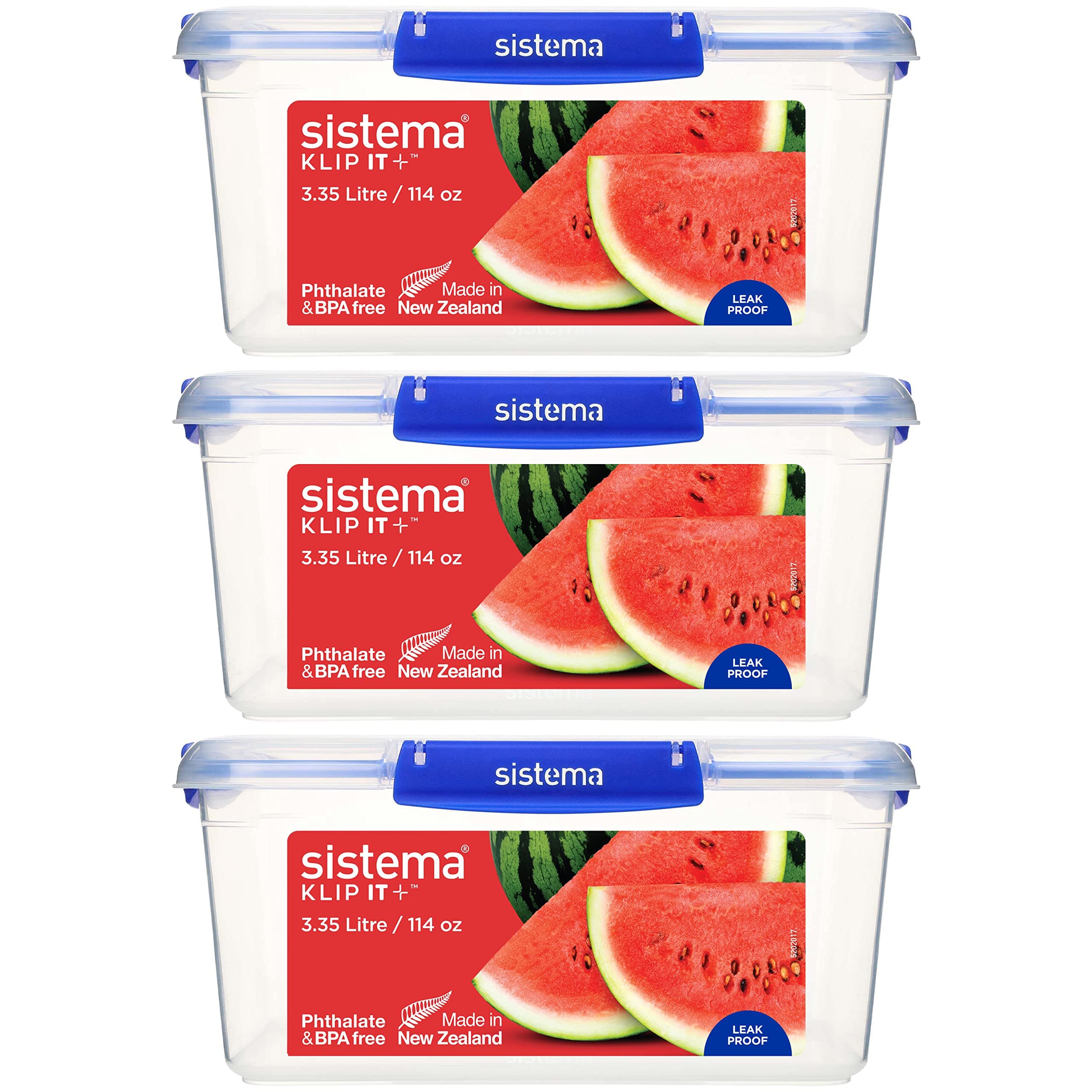 Sistema KLIP IT PLUS Frischhaltedosen Set | 3,35 l | auslaufsichere, stapelbare und luftdichte Vorratsdosen mit Deckel | geeignet für Kühl-/Gefrierschrank | Brotdose schule | 3 Stück