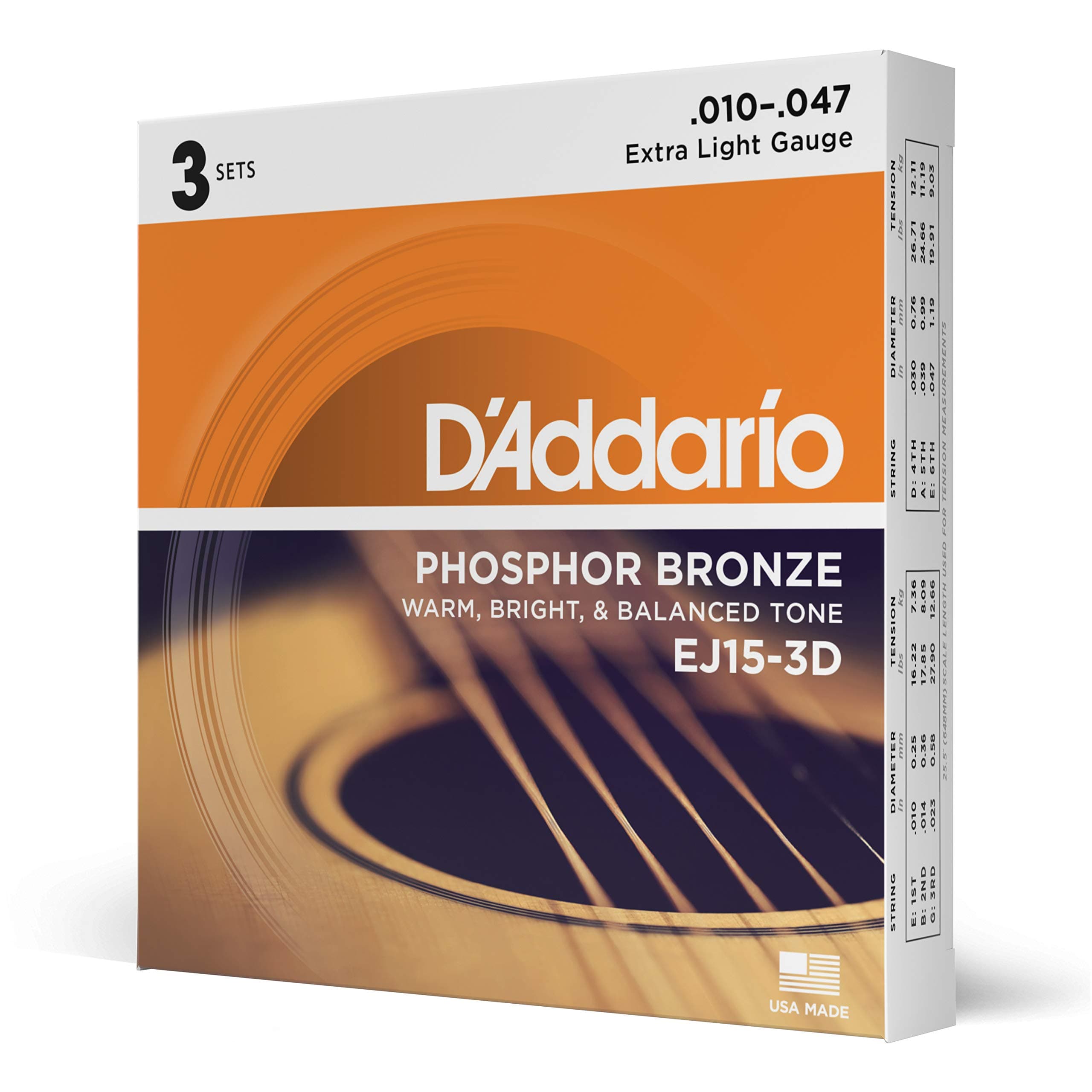 D'Addario Cuerdas Guitarra Acustica - Cuerdas de Guitarra - Cuerdas de Guitarra Acustica - EJ15-3D - Extra Ligero, 10-47 - 3-Paquete, 3-Pack, Extra Light, 10-47