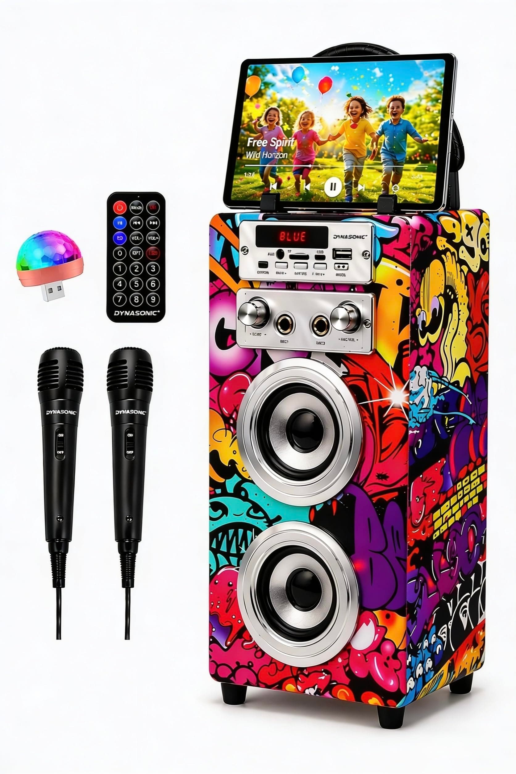 Dynasonic Karaoke Altavoz Bluetooth Portatil, 2 Micrófonos, USB/SD/AUX, Luces LED, Batería Recargable. Regalo para niños, comunión, cumpleaños y Fiestas