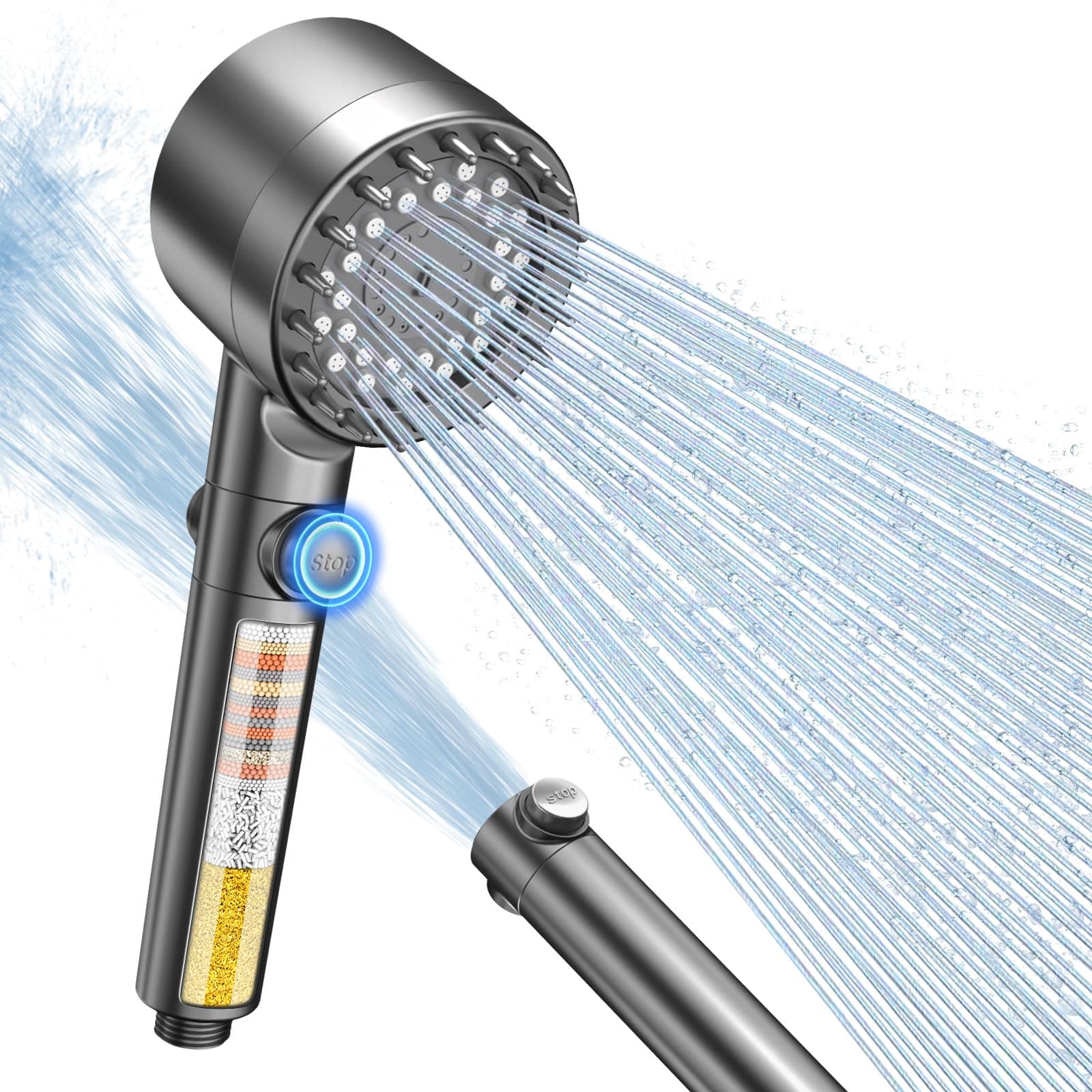 FEELSO Pommeau de Douche Anti Calcaire avec Filtre à 15 Couches, 3+1 Types de Jets Pommeau Douche Haute Pression,Douchette Douche avec Stop Eau,Economie Deau (Gris)