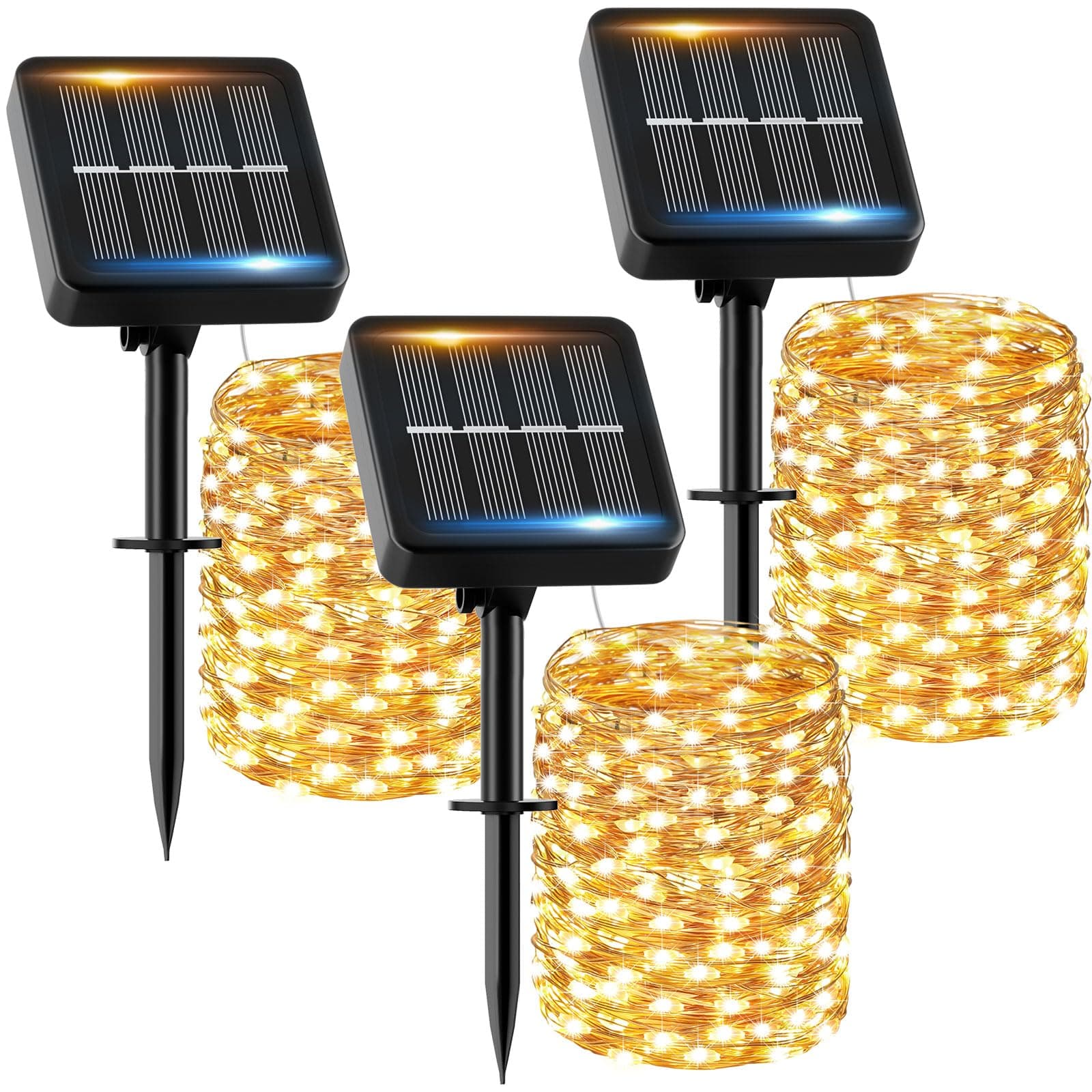 Guirnalda Luces Exterior Solar - 3 x 16M 160 LED Guirnaldas Luces Solares Exterior IP65 Impermeable Blanco Cálido 8 Modos Luces Solares LED Exterior Interior Jardin Terraza Bodas Fiestas Festivales