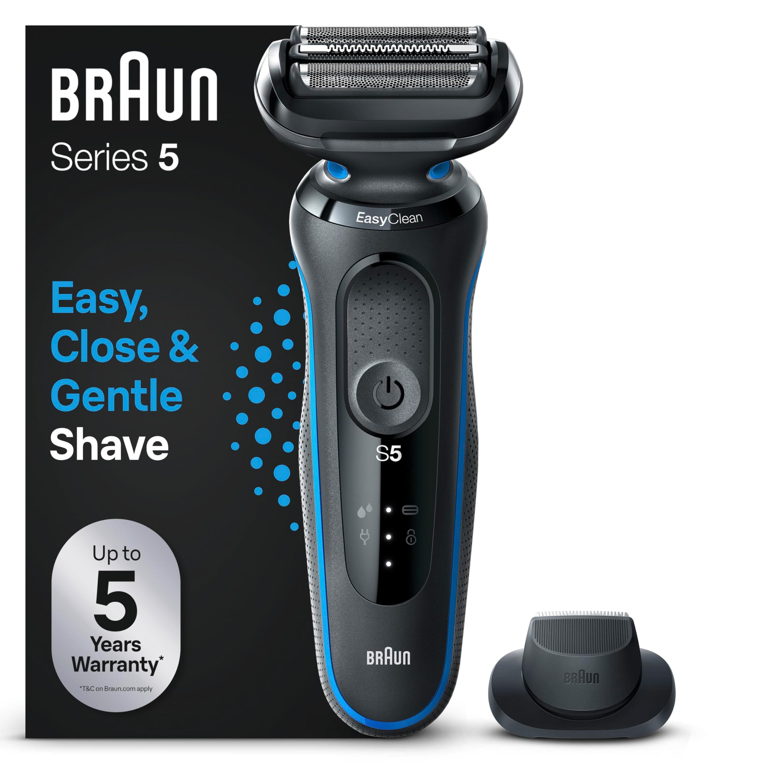 Braun Series 5 Regolabarba Uomo, Rasoio Elettrico Barba, Rifinitore di Precisione Easyclick, Easyclean, Wet&Dry, Ricaricabile, Rasoio a Lamina Senza Fili, Idea Regalo 51-B1200s Blu