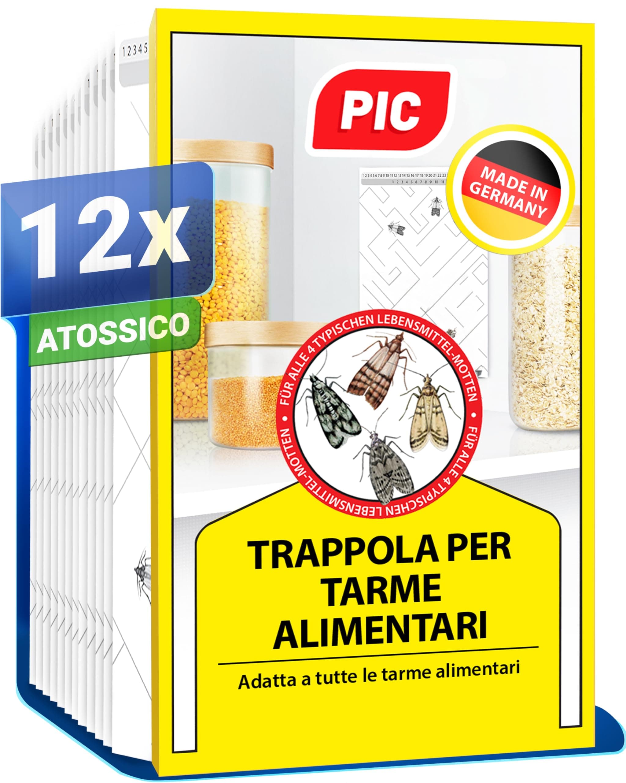 PIC Trappole per Tarme Alimentari 12X – Trappola Farfalline Alimentari con Feromoni, Antitarme Alimentari per Dispensa e Cucina, Trappole Adesive Contro Le Farfalline del Cibo per Il Diagnosi Precoce