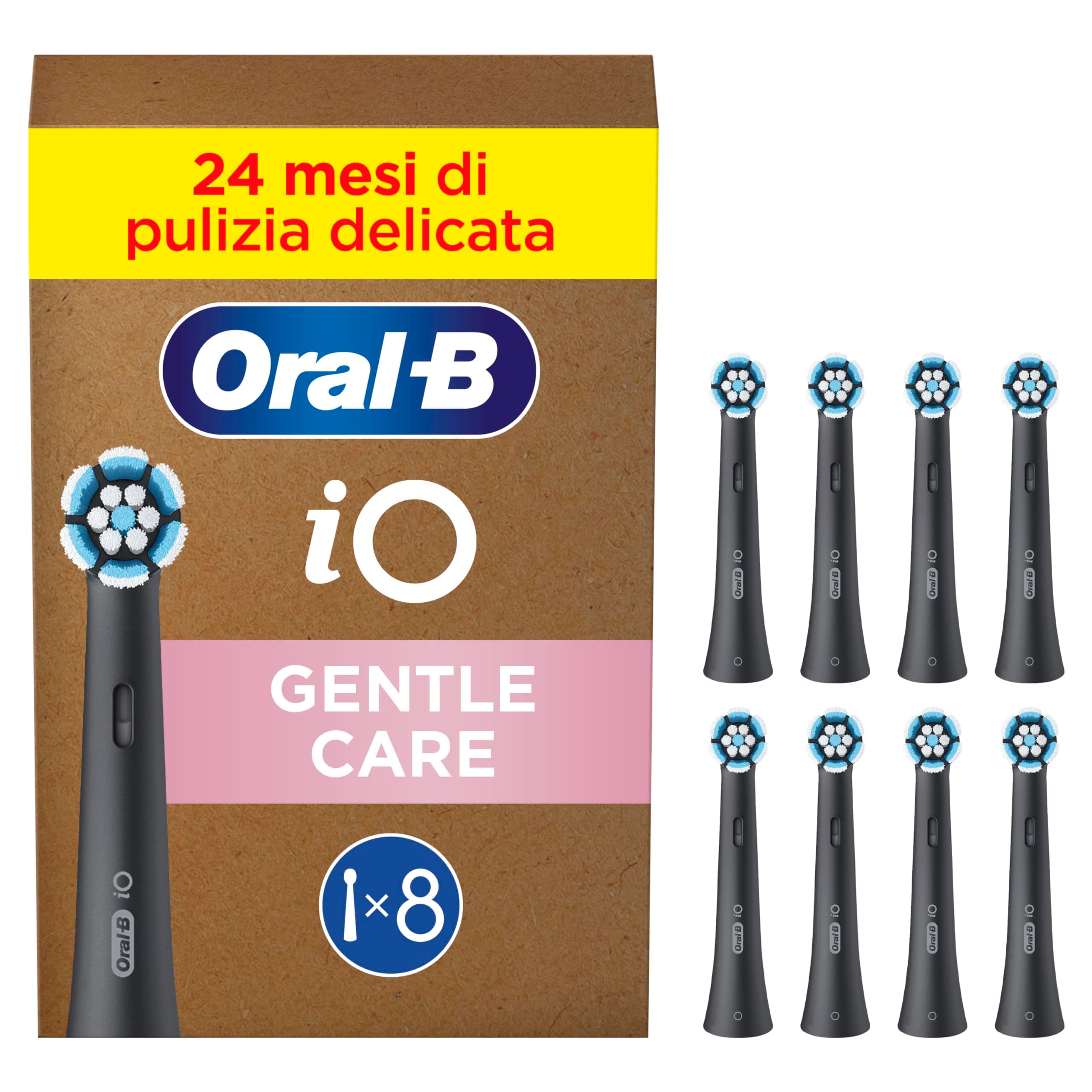 Oral-B Testine di Ricambio iO Gentle Care, Nere, 8 Ricambi | 8 Testine di Ricambio per Spazzolino Elettrico, Rotonde Originali per Gengive Sensibili, Setole Angolate