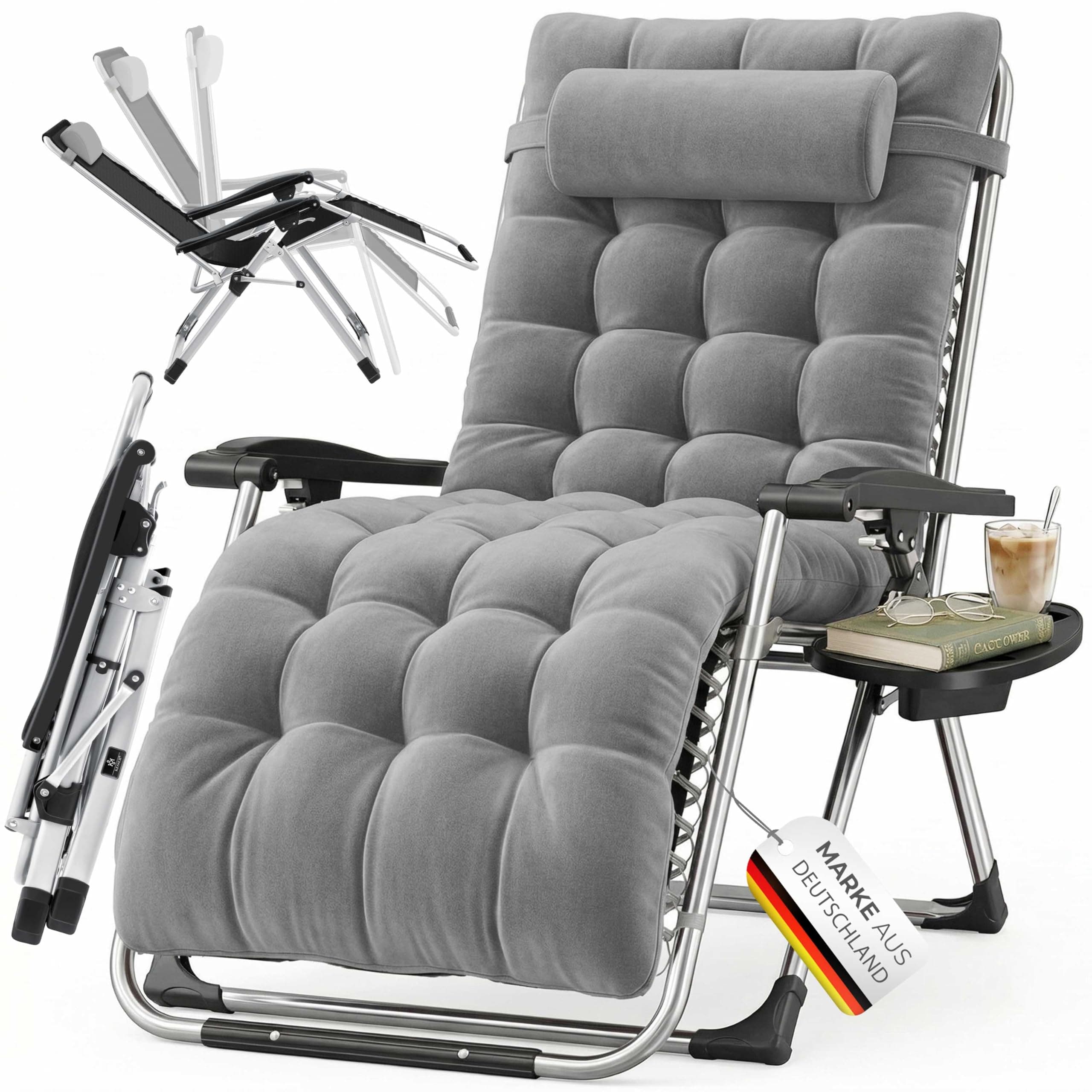 KESSER® Bain de Soleil, Chaise Longue de Jardin, Coussin pour Le Cou + Porte-Boisson inc, Coussin XXL, capacité 200kg, Pliable & résistant aux intempéries, Chaise Longue Pliante Dossier réglable Gris