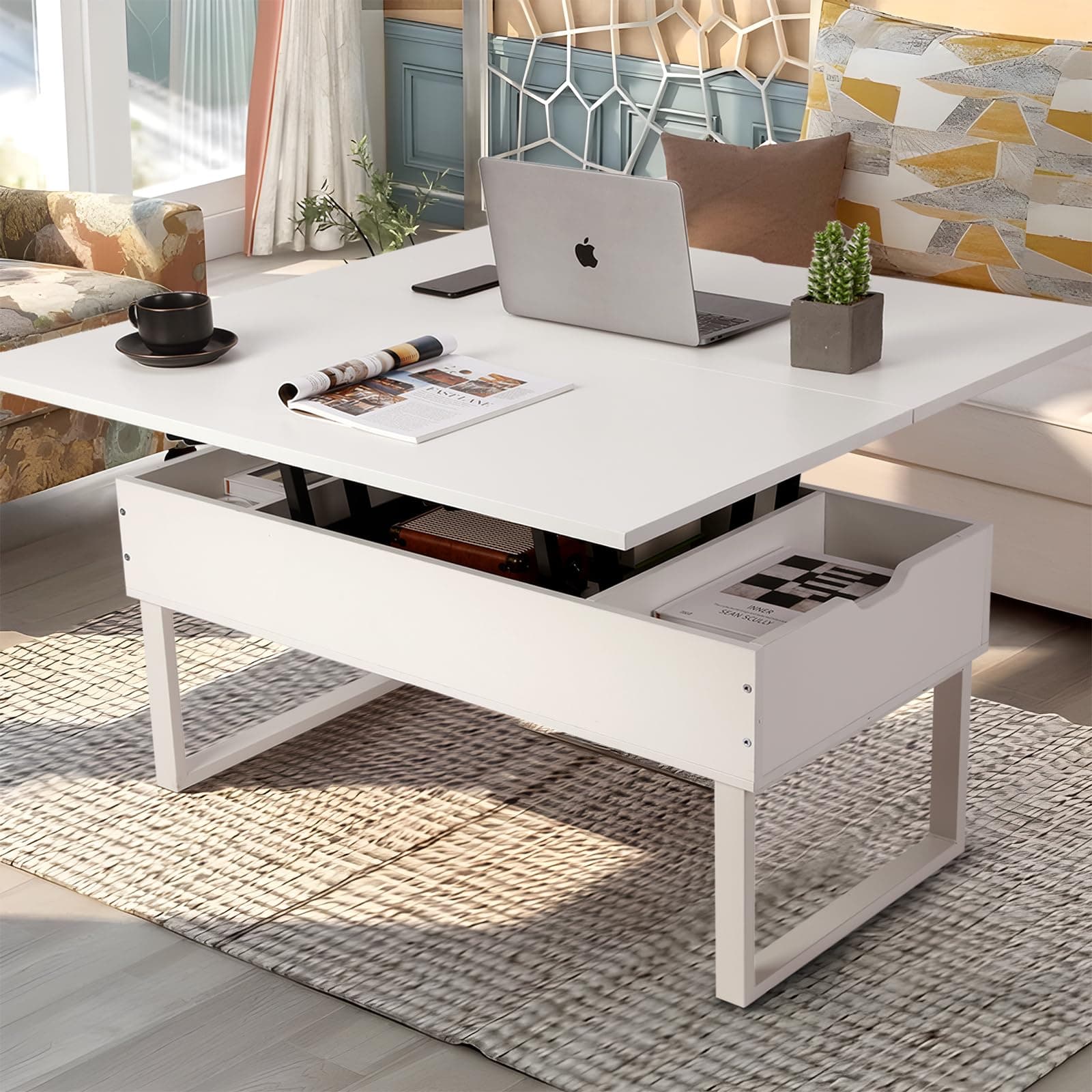 VOWNER Mesa de Centro Elevable, 3 en 1 Mesa de Salón Multifuncional con Almacenamiento Oculto, Mesa de Comedor Moderna Elevadora (Blanco)