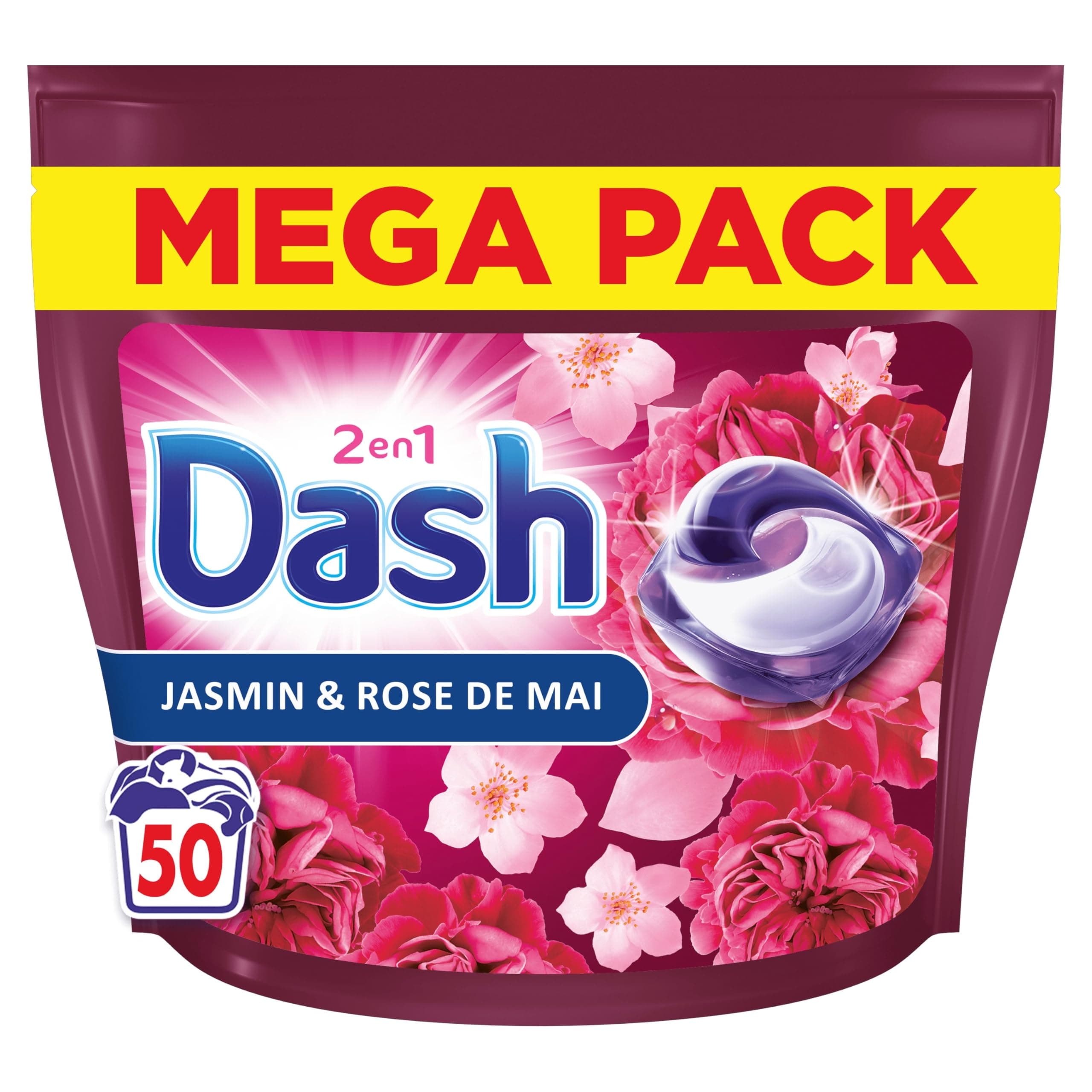 Dash 2en1 PODS, Lessive En Capsule, 50 Lavages, Parfum Jasmin et Rose de Mai, 3 Semaines De Fraîcheur Avec L’Adoucissant Lenor