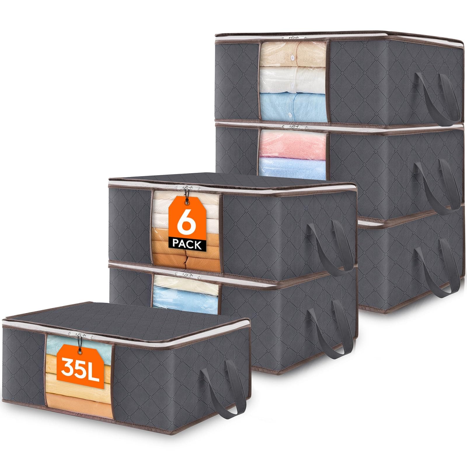 Lifewit Scatole per Vestiti, Scatole per Armadio, Contenitori Sottoletto, Contenitori per Armadio Salvaspazio per Indumenti, Coperte, Biancheria da Letto, Grigio, 36 L, 6 Pezzi