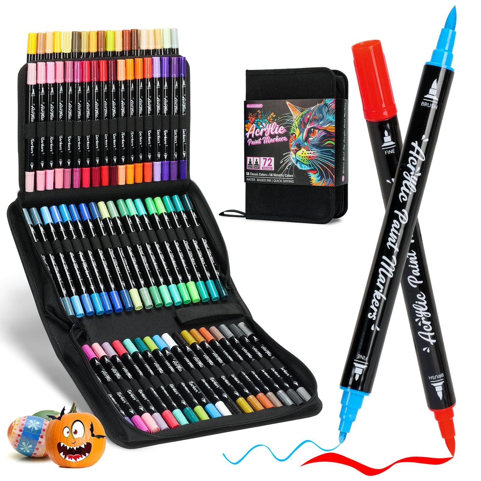 Marqueurs de peinture acrylique, 72 couleurs à double pointe, stylos de peinture acrylique avec pinceau et pointes fines pour peinture sur roche, verre, bois, céramique, toile, pierre, couleurs vives