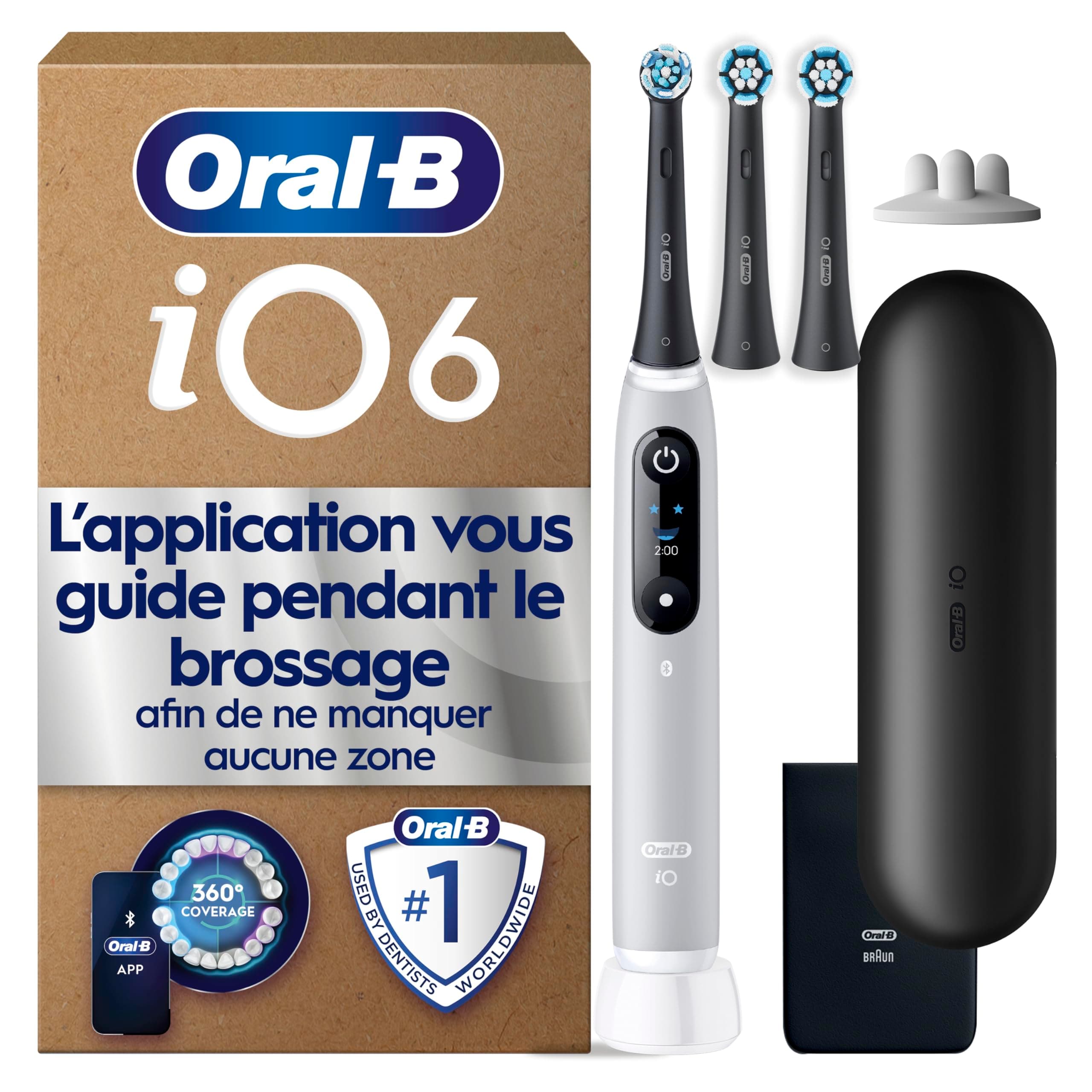 Oral-B Brosse à Dents Electrique iO 6, 3 Brossettes de Rechange, Grise | 5 Modes de Brossage dont Blancheur et Soin des Gencives, Capteur de Pression, Batterie Rechargeable, Ecran Interactif, Etui
