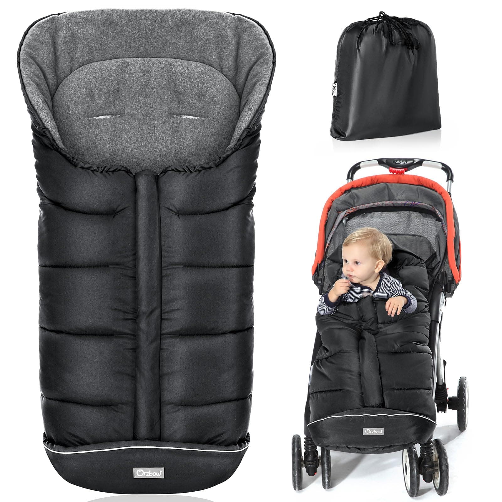 Orzbow Chanceliere Bebe Poussette, Fermeture Éclair, Noir | Chanceliere Universelle pour Poussette avec Polaire, Accès et Entretien Faciles, Bande Réfléchissante, Déperlant