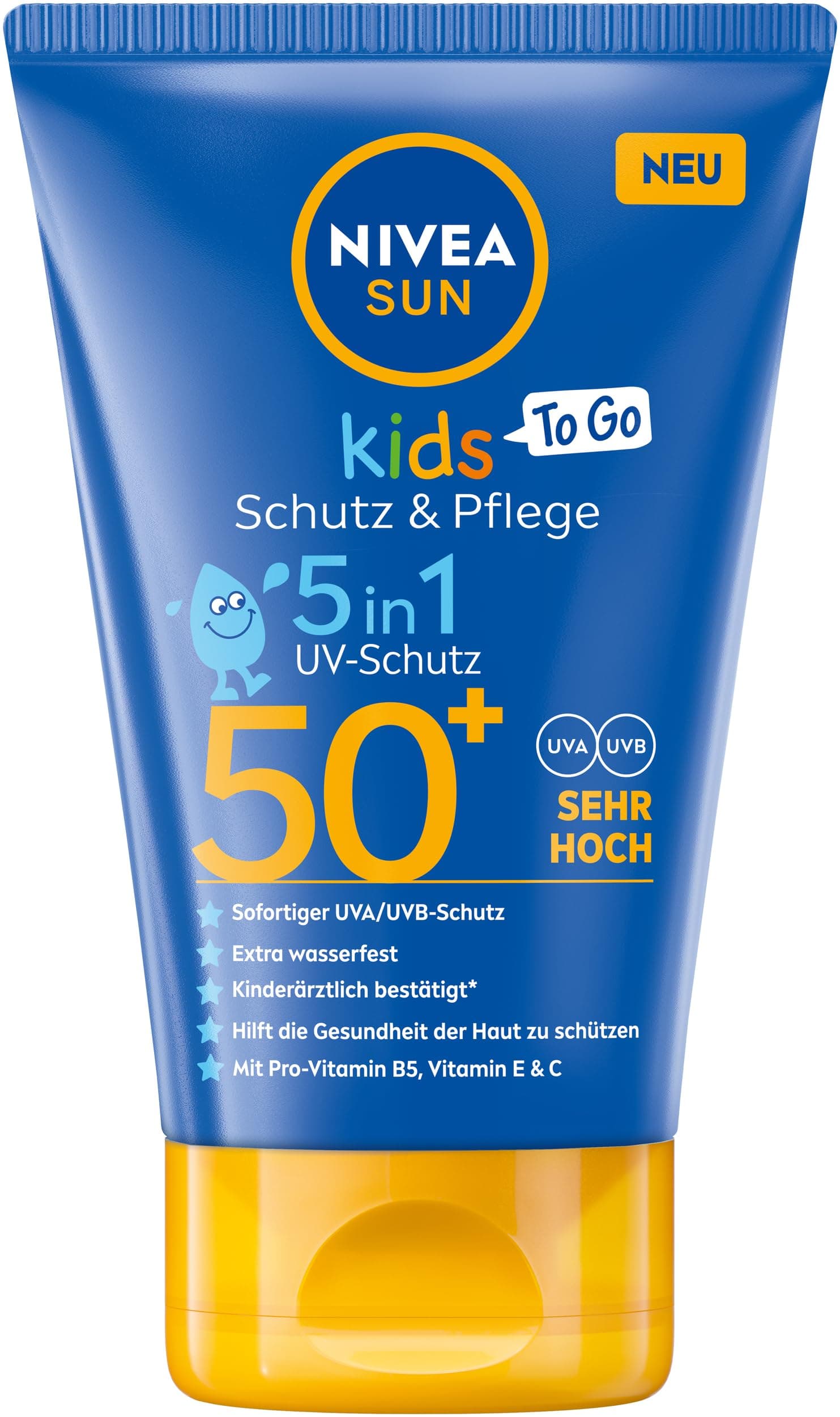 NIVEA SUN Kids Schutz & Pflege To Go LSF 50+ Sonnencreme, hoher Sonnenschutz mit Vitamin C & E, schweiß- & extra wasserfeste Sonnenlotion für empfindliche Kinderhaut (50 ml)